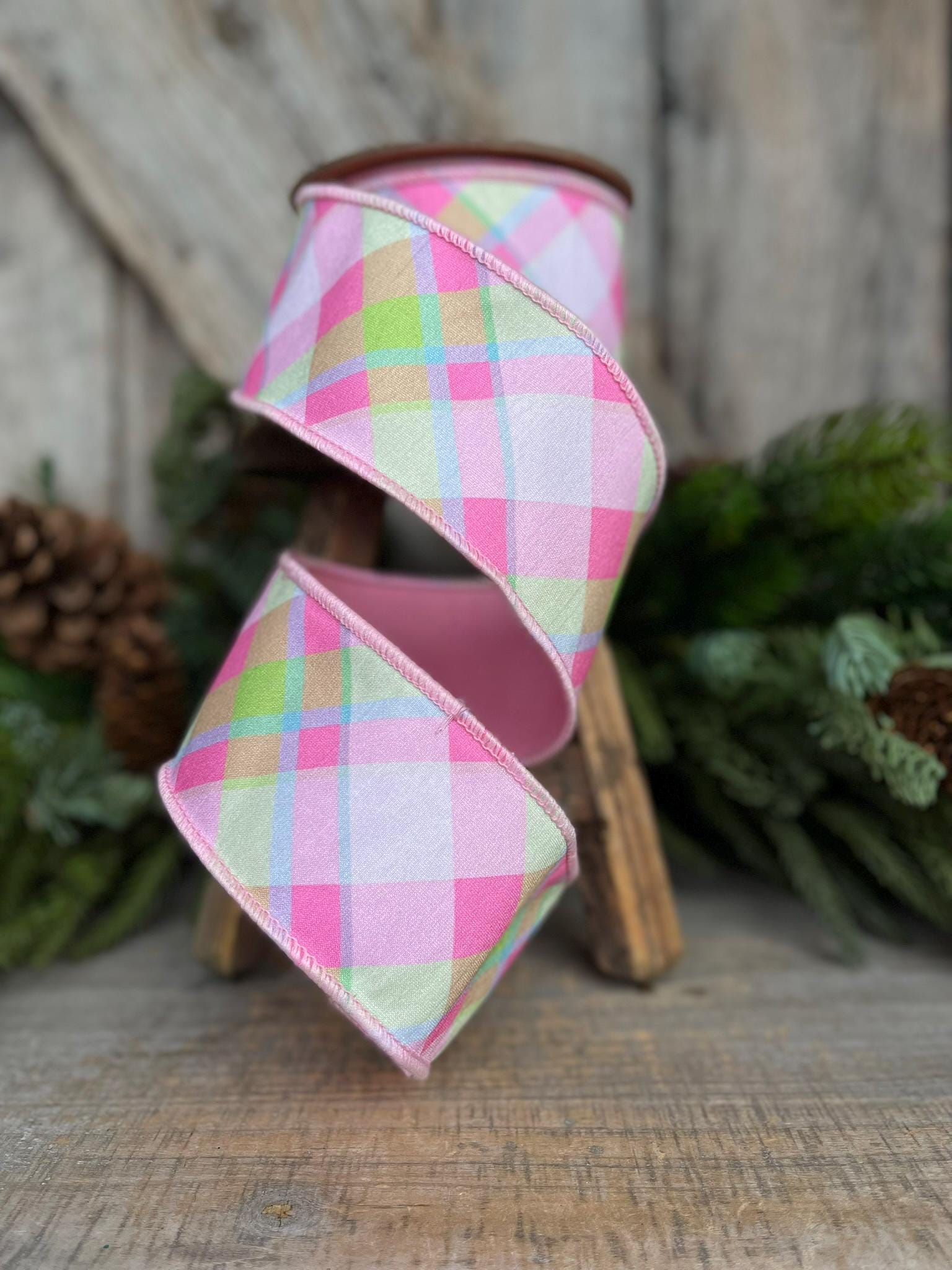 2.5" Pastel Pink Diagonal Plaid, Designer Ribbon, Pink Plaid Ribbon, Spring RIbbon, Craft supply, Ribbon for Bows, Fused RIbbon