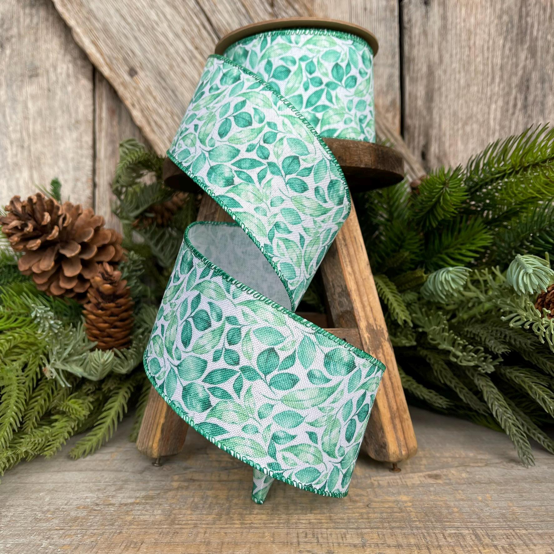 2.5" Green Leaf Ribbon, Wired Ribbon, Spring Ribbon, Wedding Ribbon, Everyday Ribbon, Gren LEaf Ribbon, Green White Ribbon
