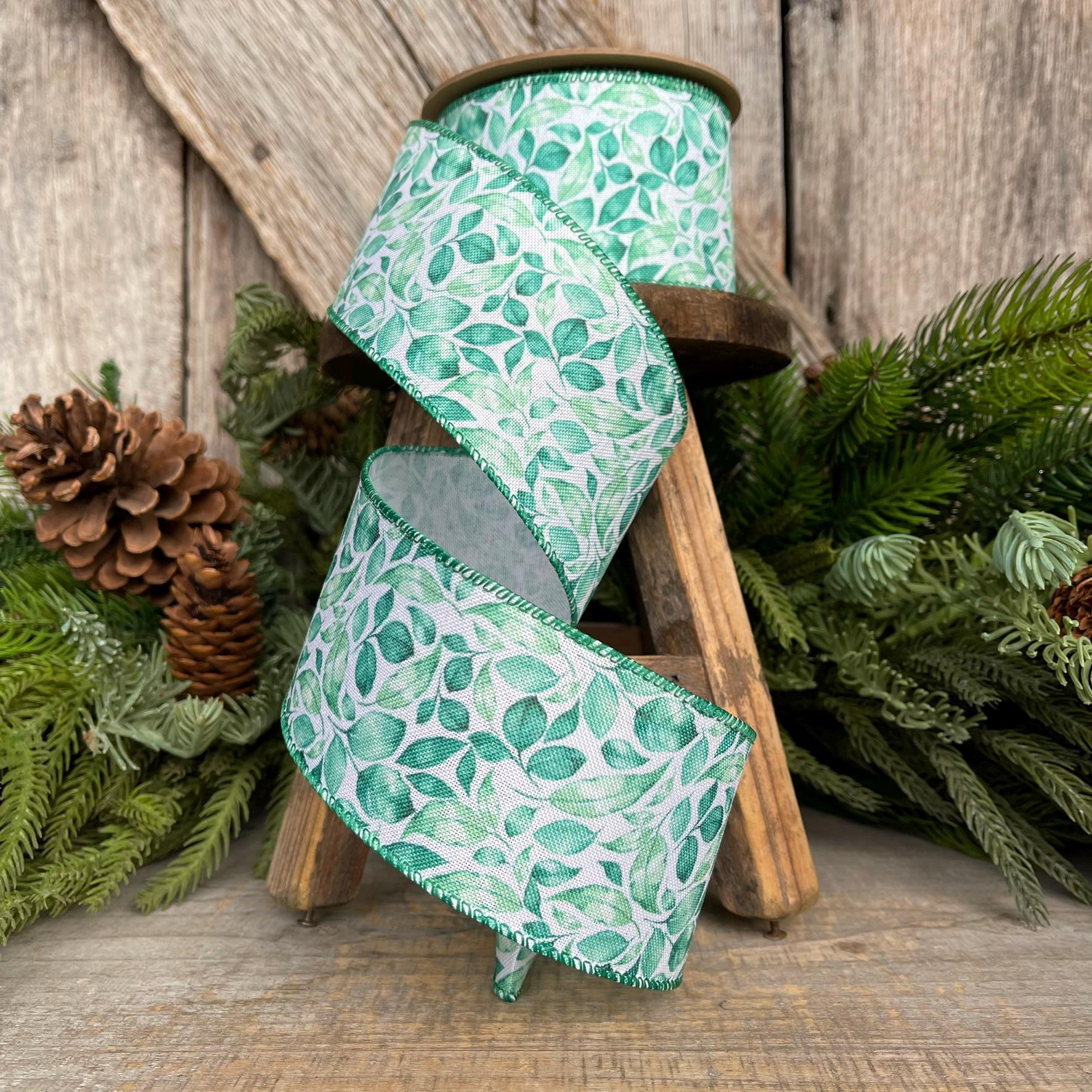 2.5" Green Leaf Ribbon, Wired Ribbon, Spring Ribbon, Wedding Ribbon, Everyday Ribbon, Gren LEaf Ribbon, Green White Ribbon