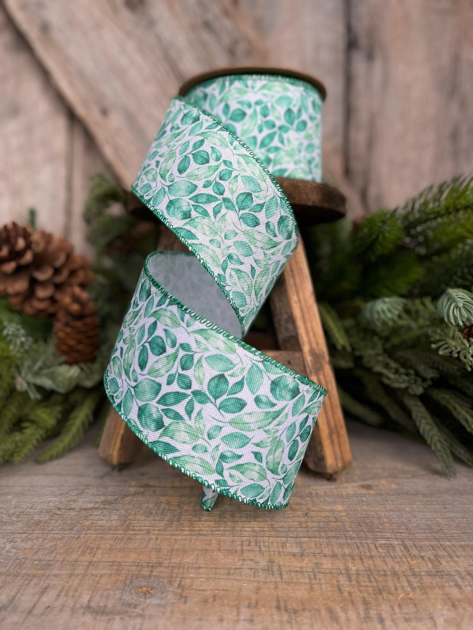 2.5" Green Leaf Ribbon, Wired Ribbon, Spring Ribbon, Wedding Ribbon, Everyday Ribbon, Gren LEaf Ribbon, Green White Ribbon