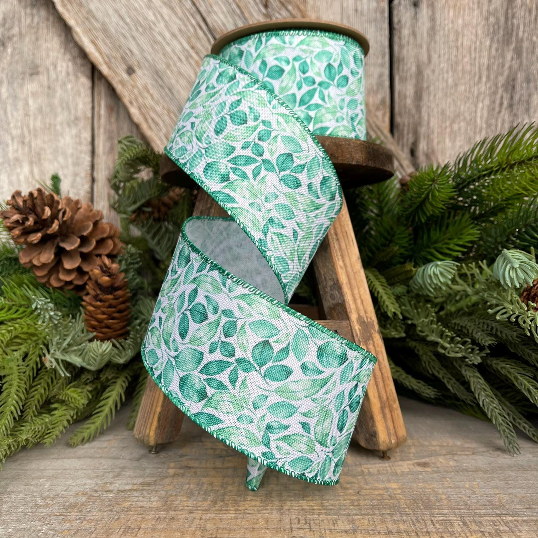 2.5" Green Leaf Ribbon, Wired Ribbon, Spring Ribbon, Wedding Ribbon, Everyday Ribbon, Gren LEaf Ribbon, Green White Ribbon