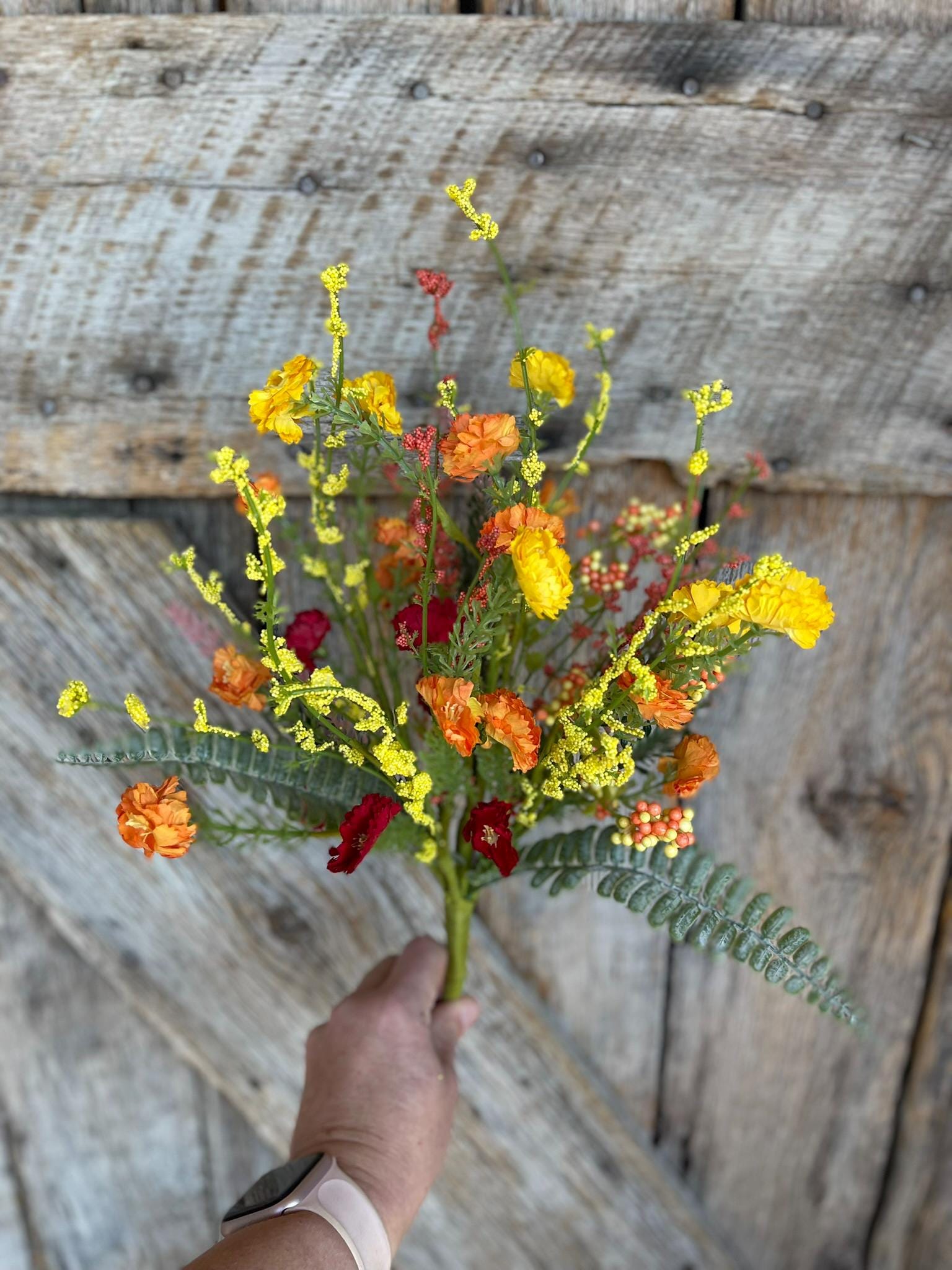 20" Spring Filler Floral Bush, Orange Yellow Red Floral Bush, Hand Tied Bush, Spring FLoral Bush, Wreath, Wedding Florals, 64847-ORYELRD
