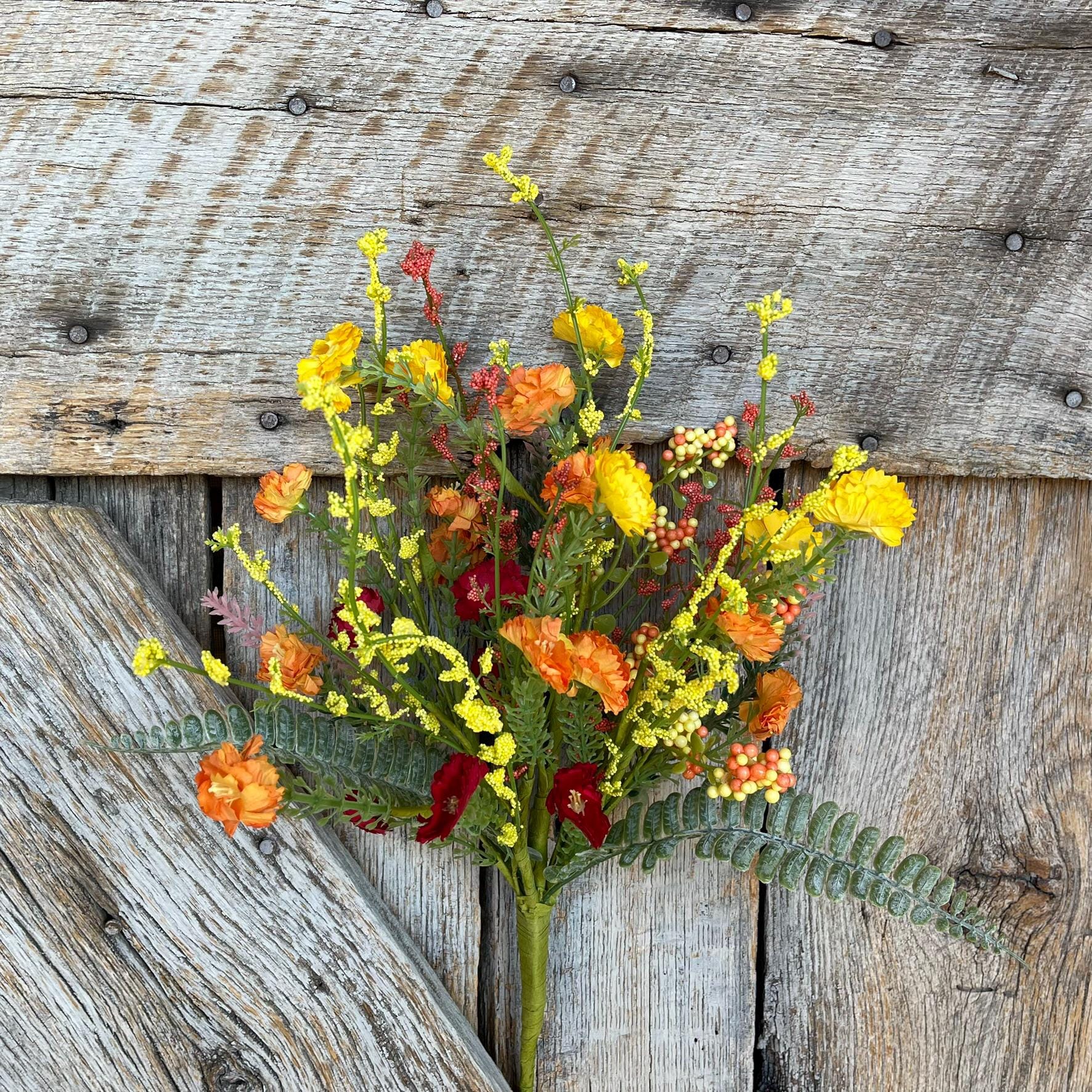 20" Spring Filler Floral Bush, Orange Yellow Red Floral Bush, Hand Tied Bush, Spring FLoral Bush, Wreath, Wedding Florals, 64847-ORYELRD