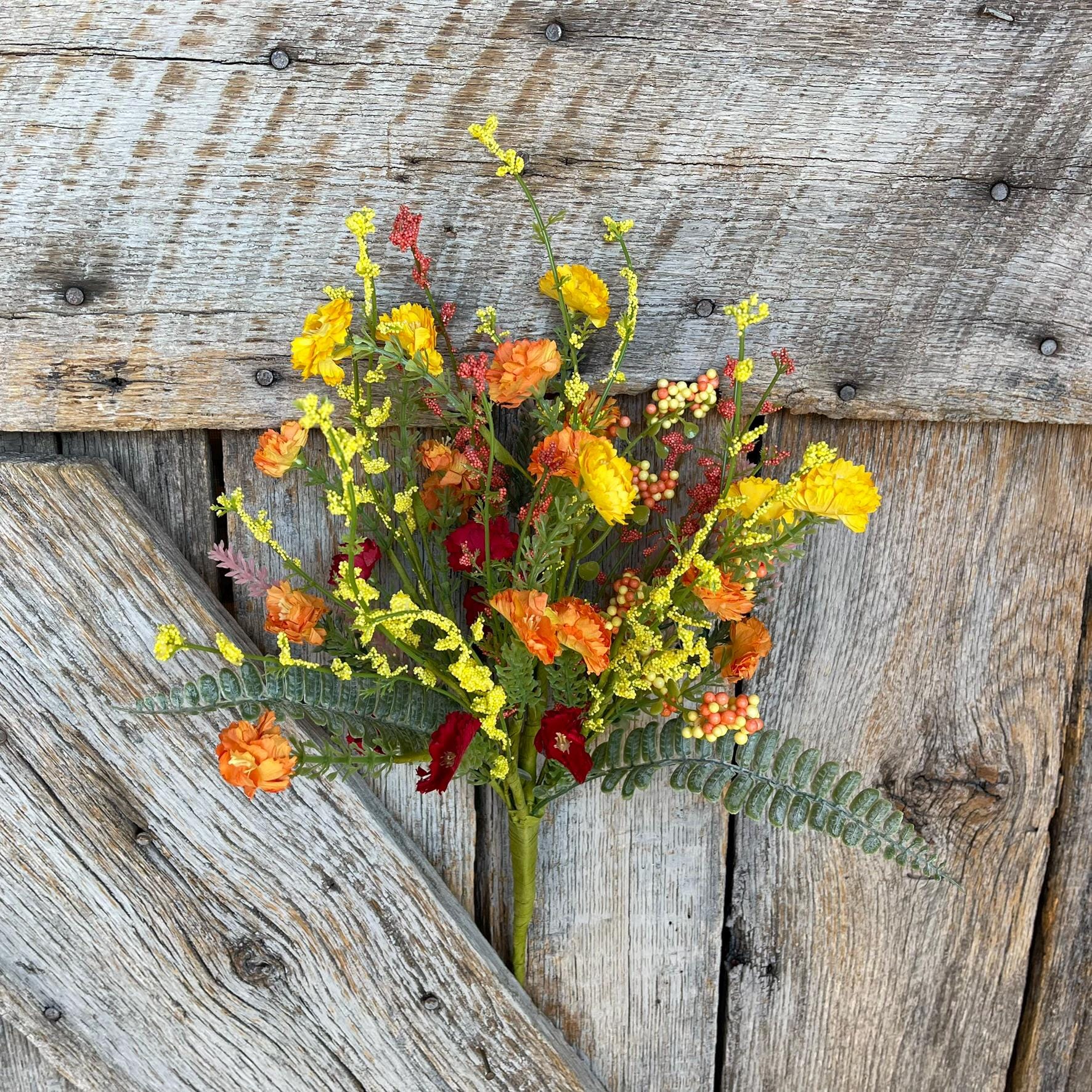 20" Spring Filler Floral Bush, Orange Yellow Red Floral Bush, Hand Tied Bush, Spring FLoral Bush, Wreath, Wedding Florals, 64847-ORYELRD