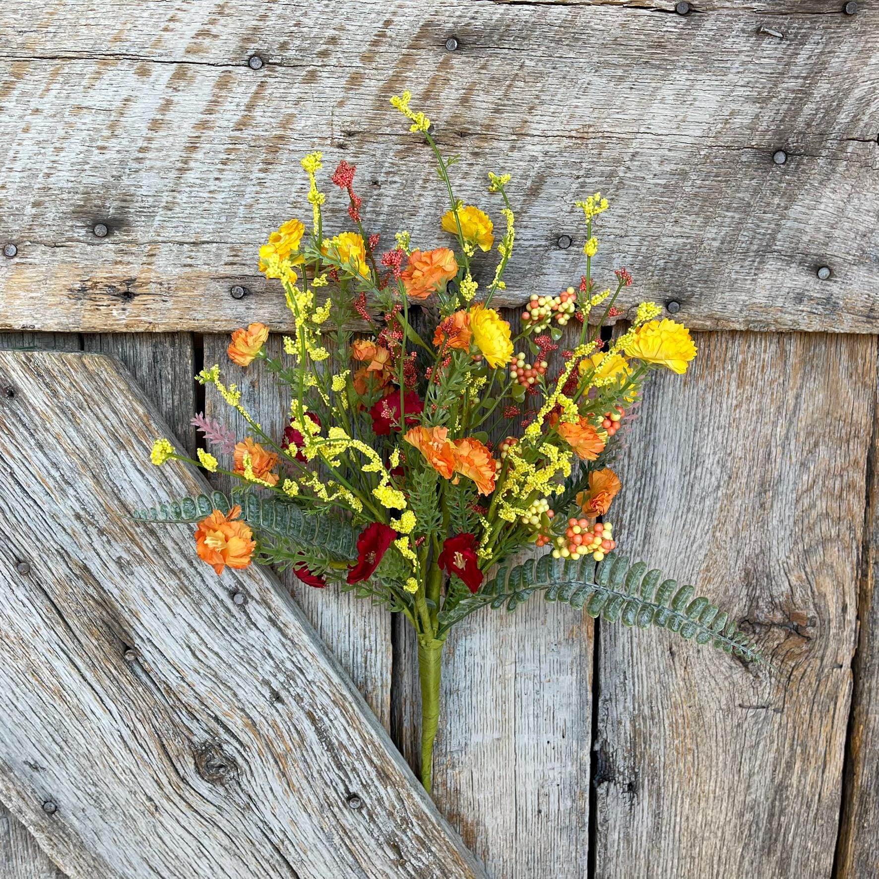 20" Spring Filler Floral Bush, Orange Yellow Red Floral Bush, Hand Tied Bush, Spring FLoral Bush, Wreath, Wedding Florals, 64847-ORYELRD