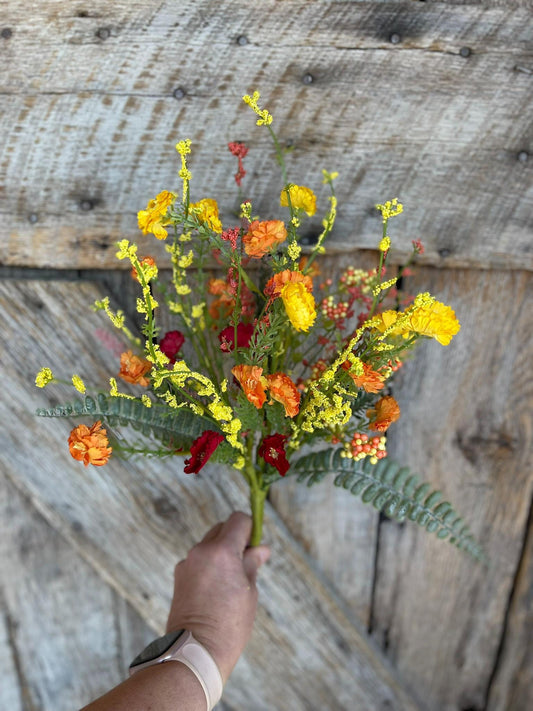20" Spring Filler Floral Bush, Orange Yellow Red Floral Bush, Hand Tied Bush, Spring FLoral Bush, Wreath, Wedding Florals, 64847-ORYELRD