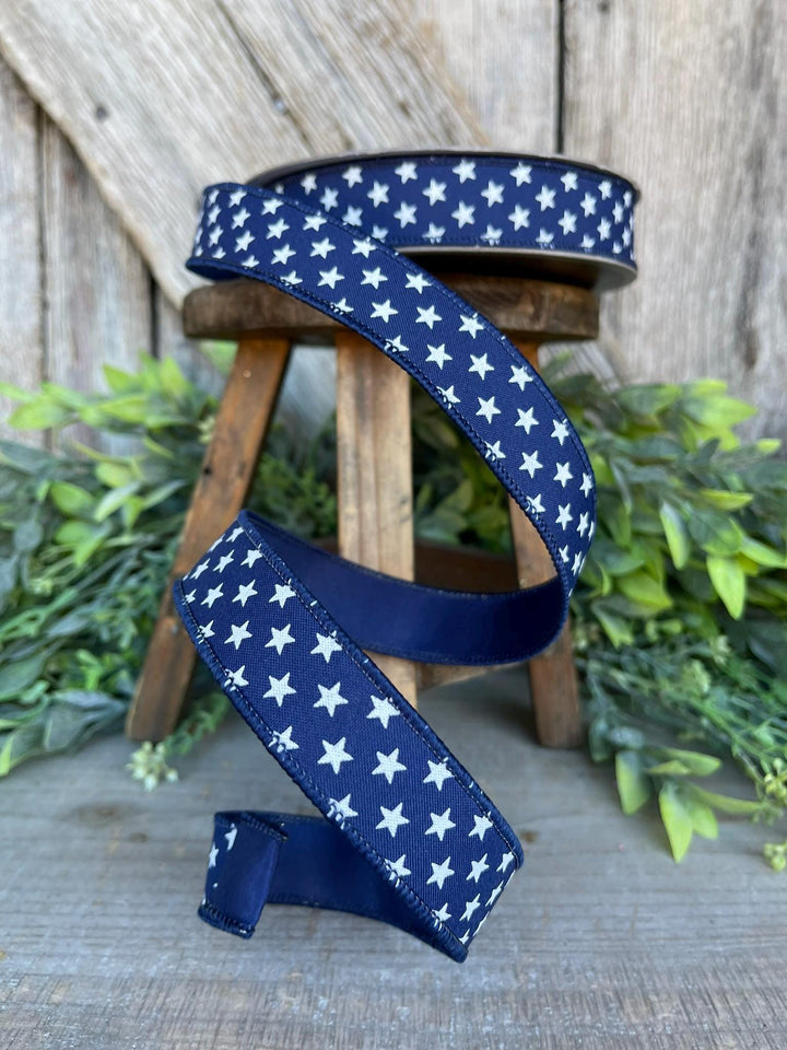 1" Blue Stars Wired RIbbon, Farrisilk Ribbon, Designer Ribbon