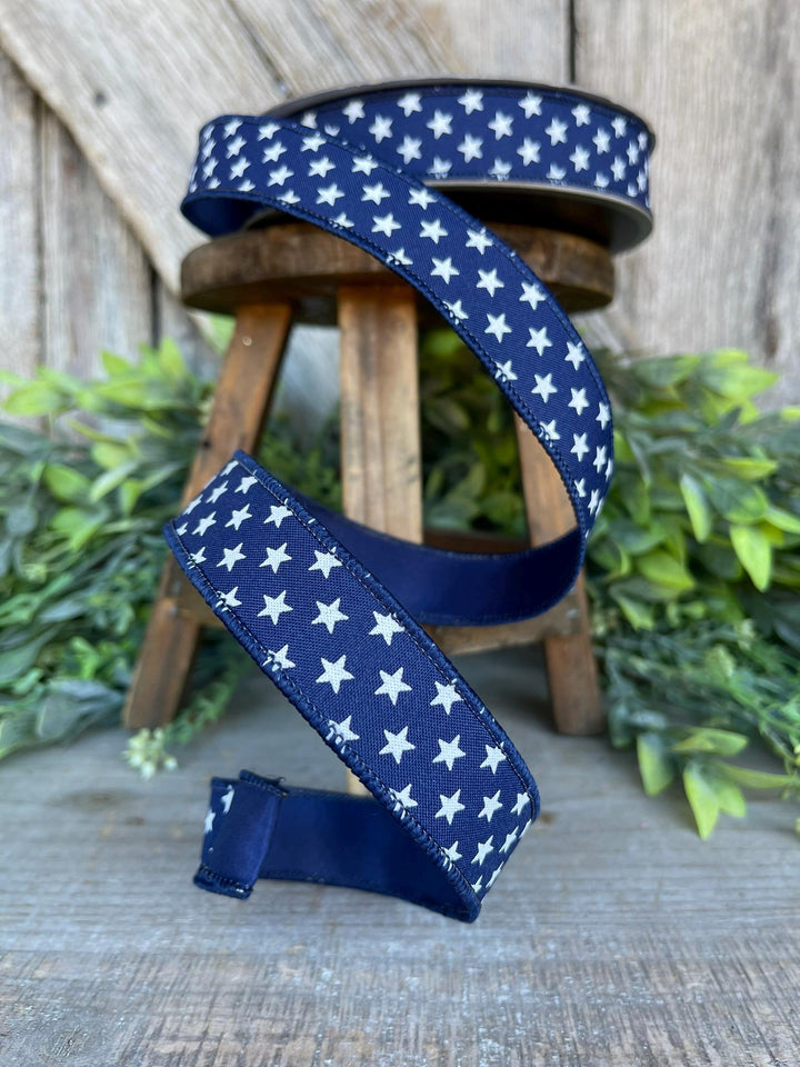 1" Blue Stars Wired RIbbon, Farrisilk Ribbon, Designer Ribbon