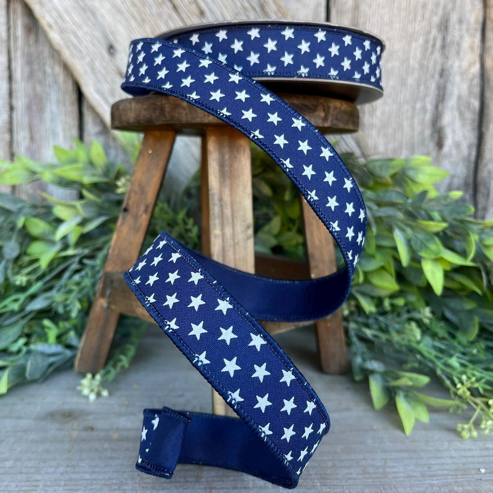 1" Blue Stars Wired RIbbon, Farrisilk Ribbon, Designer Ribbon