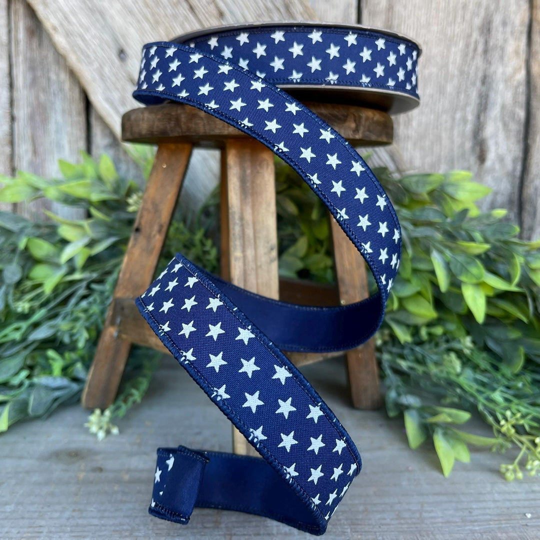1" Blue Stars Wired RIbbon, Farrisilk Ribbon, Designer Ribbon