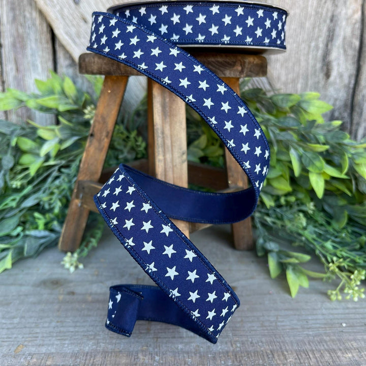 1" Blue Stars Wired RIbbon, Farrisilk Ribbon, Designer Ribbon