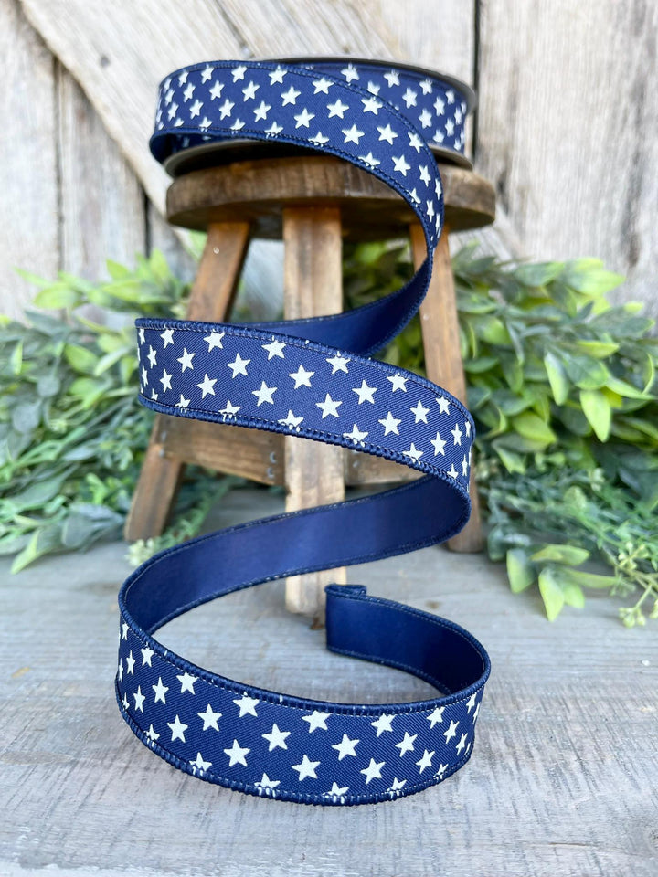 1" Blue Stars Wired RIbbon, Farrisilk Ribbon, Designer Ribbon