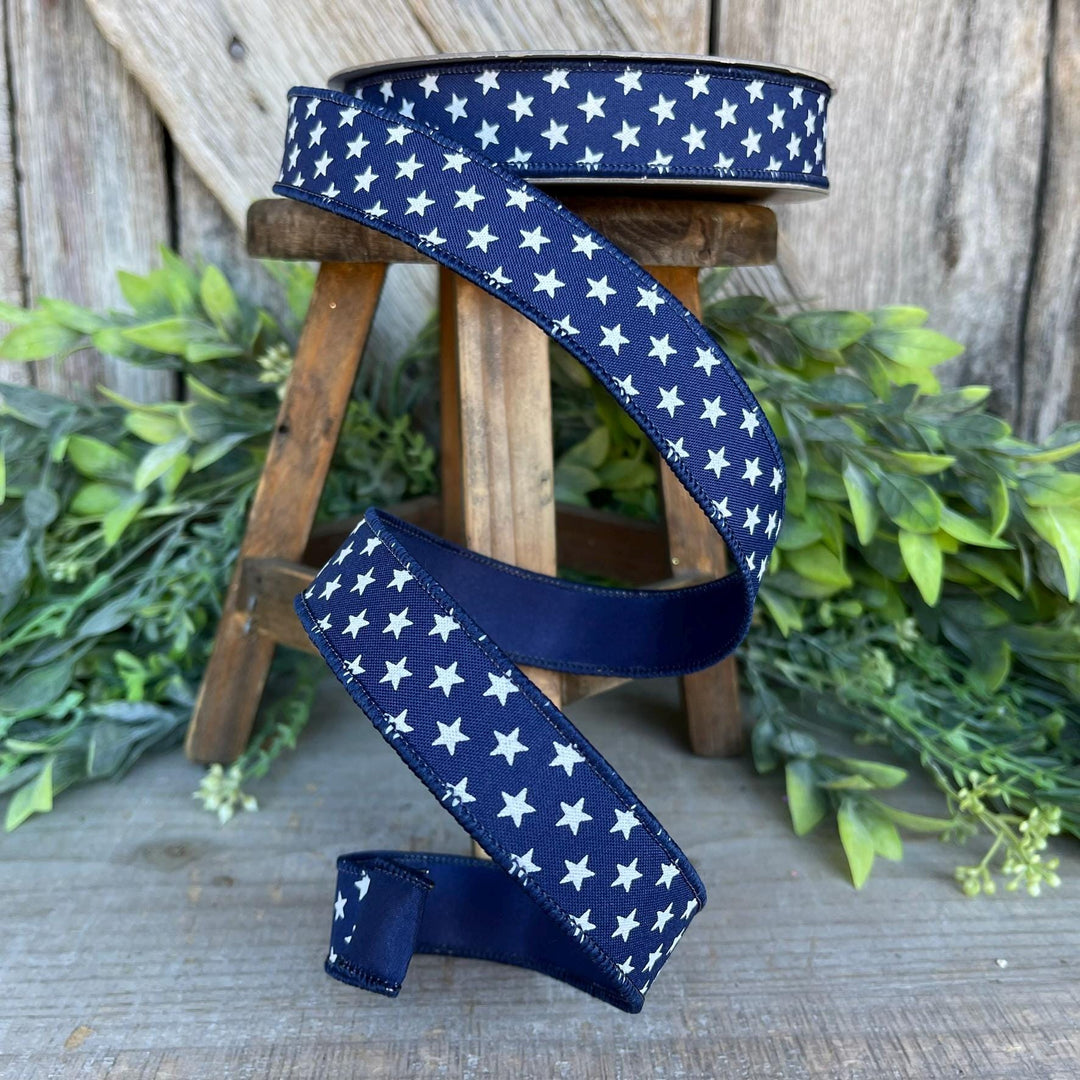 1" Blue Stars Wired RIbbon, Farrisilk Ribbon, Designer Ribbon