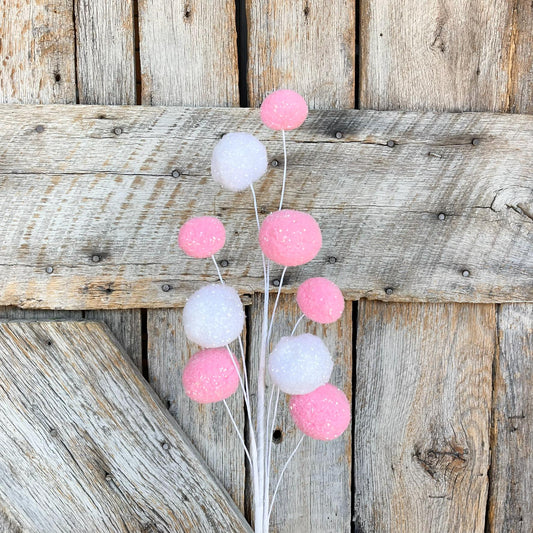 28" Pink White Pom Pom Spray, Easter Spray, Spring Picks Stems, Floral SUpply, Wreath Supply, Pink and White Ball Spray