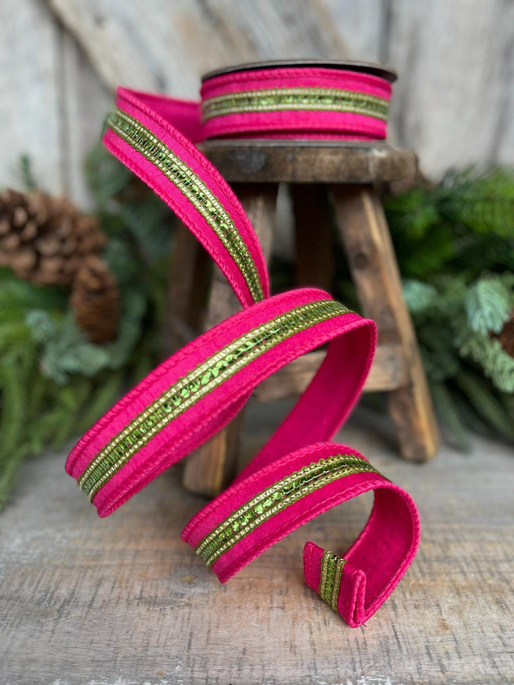 7/8" Hot Pink Twinkle Trim Ribbon, Pink Lime Green ribbon, Pink Jeweled RIbbon