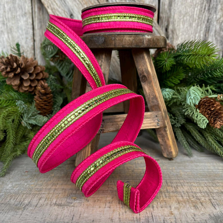7/8" Hot Pink Twinkle Trim Ribbon, Pink Lime Green ribbon, Pink Jeweled RIbbon