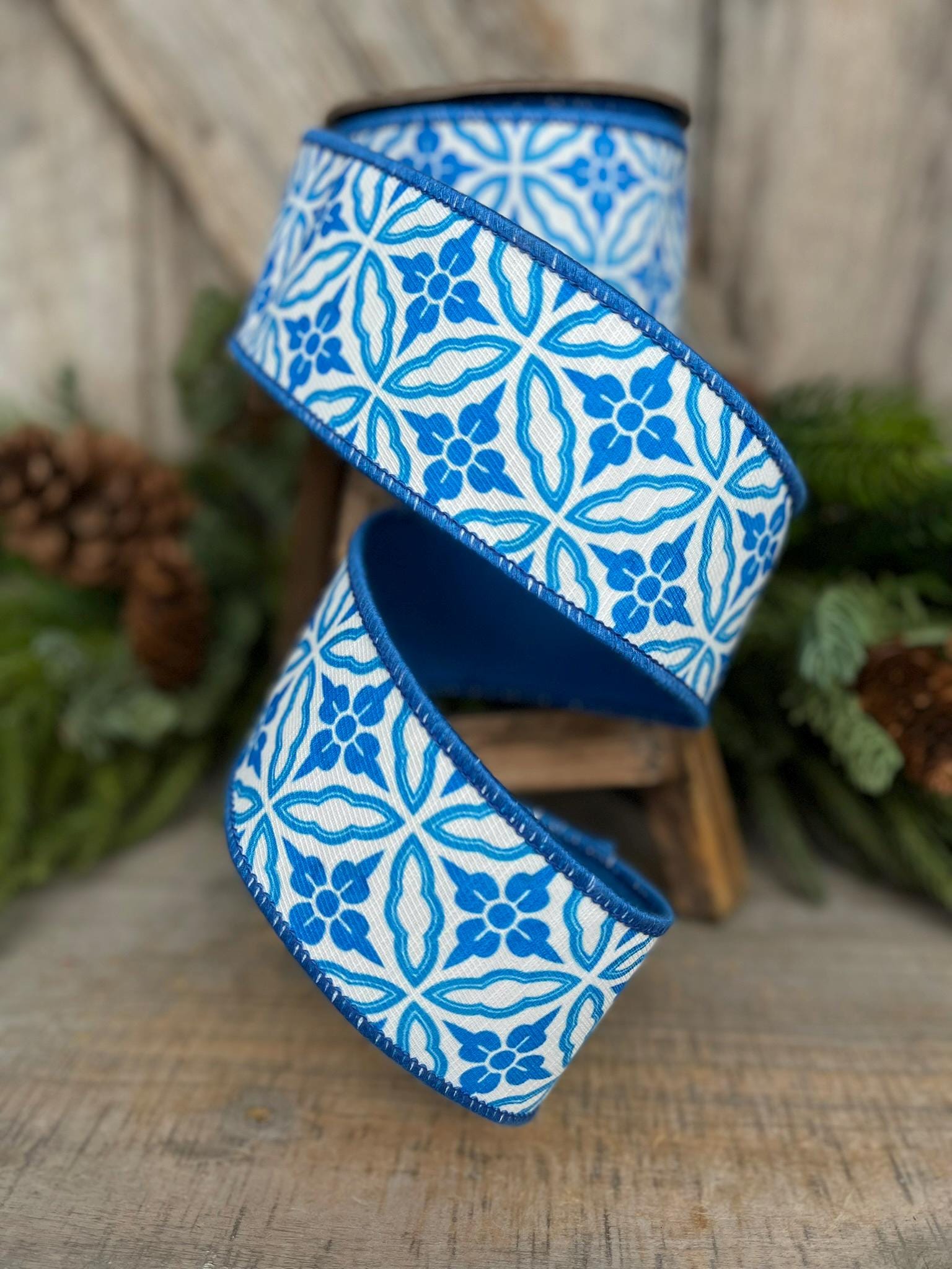 2.5" Blue Chinoiserie Ribbon, Blue and White Chinoiserie Ribbon, Wired RIbbon