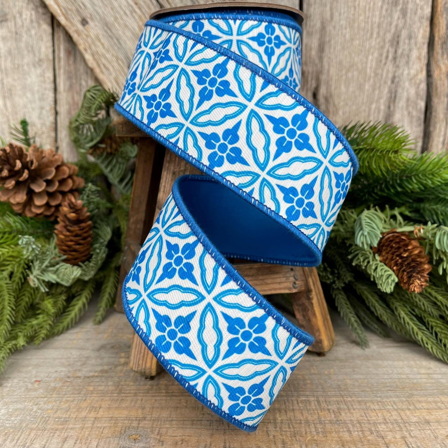 2.5" Blue Chinoiserie Ribbon, Blue and White Chinoiserie Ribbon, Wired RIbbon