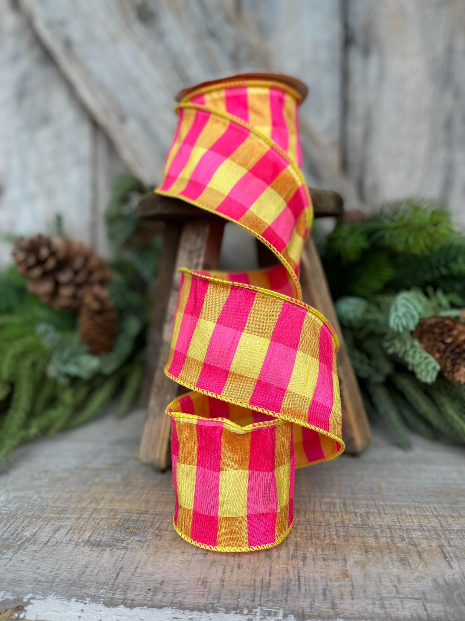 2.5" Hot Pink Yellow Plaid Ribbon, Dupion, Spring Ribbon, Yellow Pink RIbbon, Dupion Ribbon, Designer RIbbon, Summer Ribbon