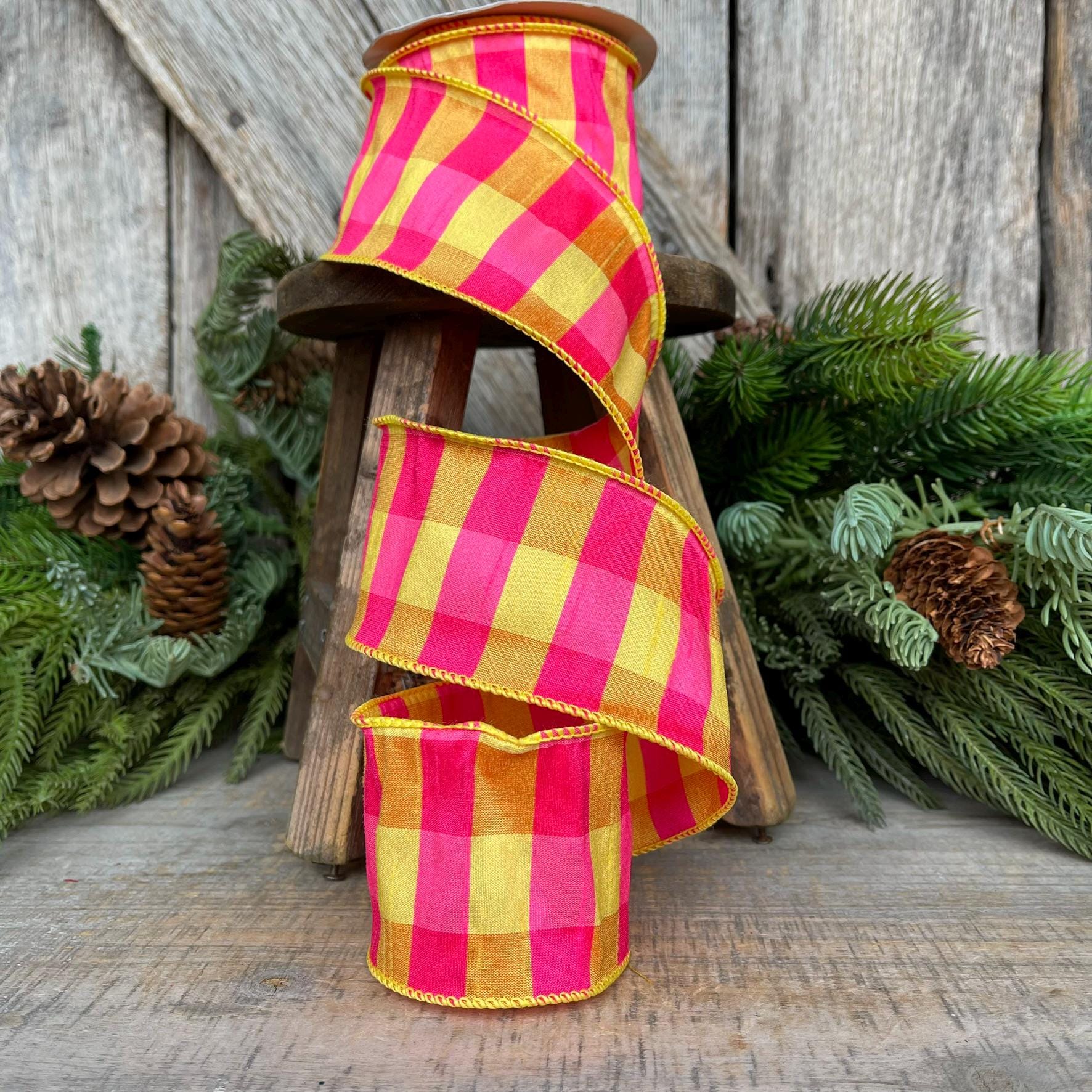 2.5" Hot Pink Yellow Plaid Ribbon, Dupion, Spring Ribbon, Yellow Pink RIbbon, Dupion Ribbon, Designer RIbbon, Summer Ribbon