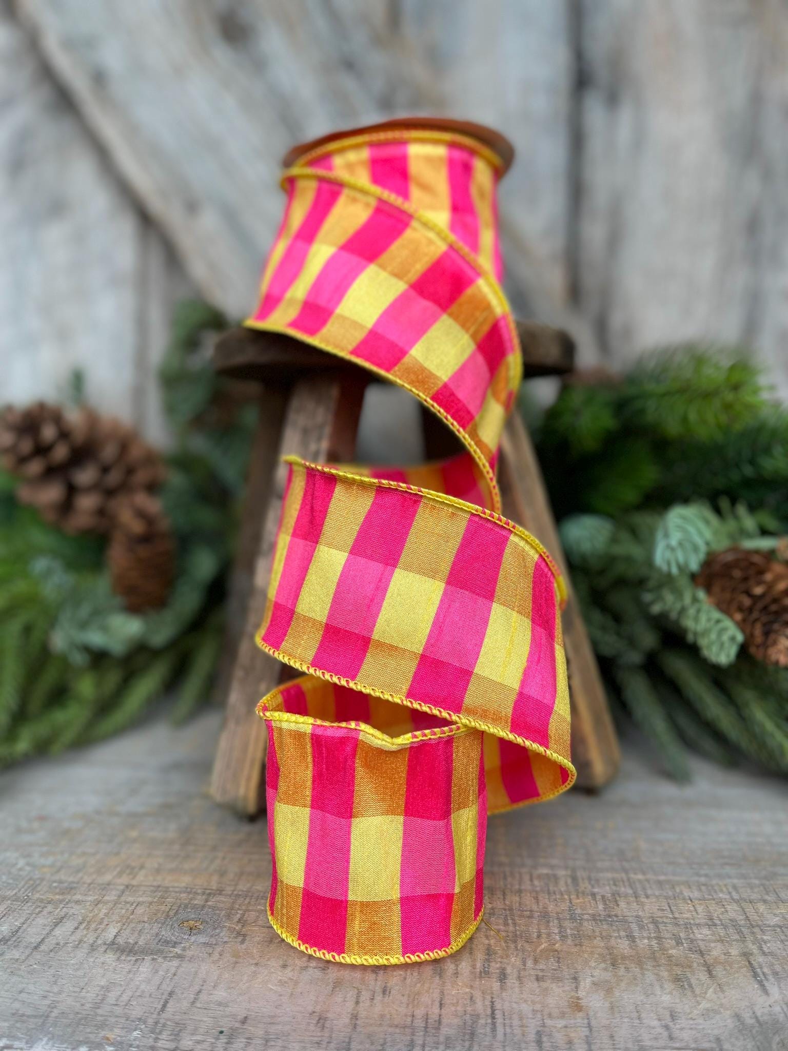 2.5" Hot Pink Yellow Plaid Ribbon, Dupion, Spring Ribbon, Yellow Pink RIbbon, Dupion Ribbon, Designer RIbbon, Summer Ribbon