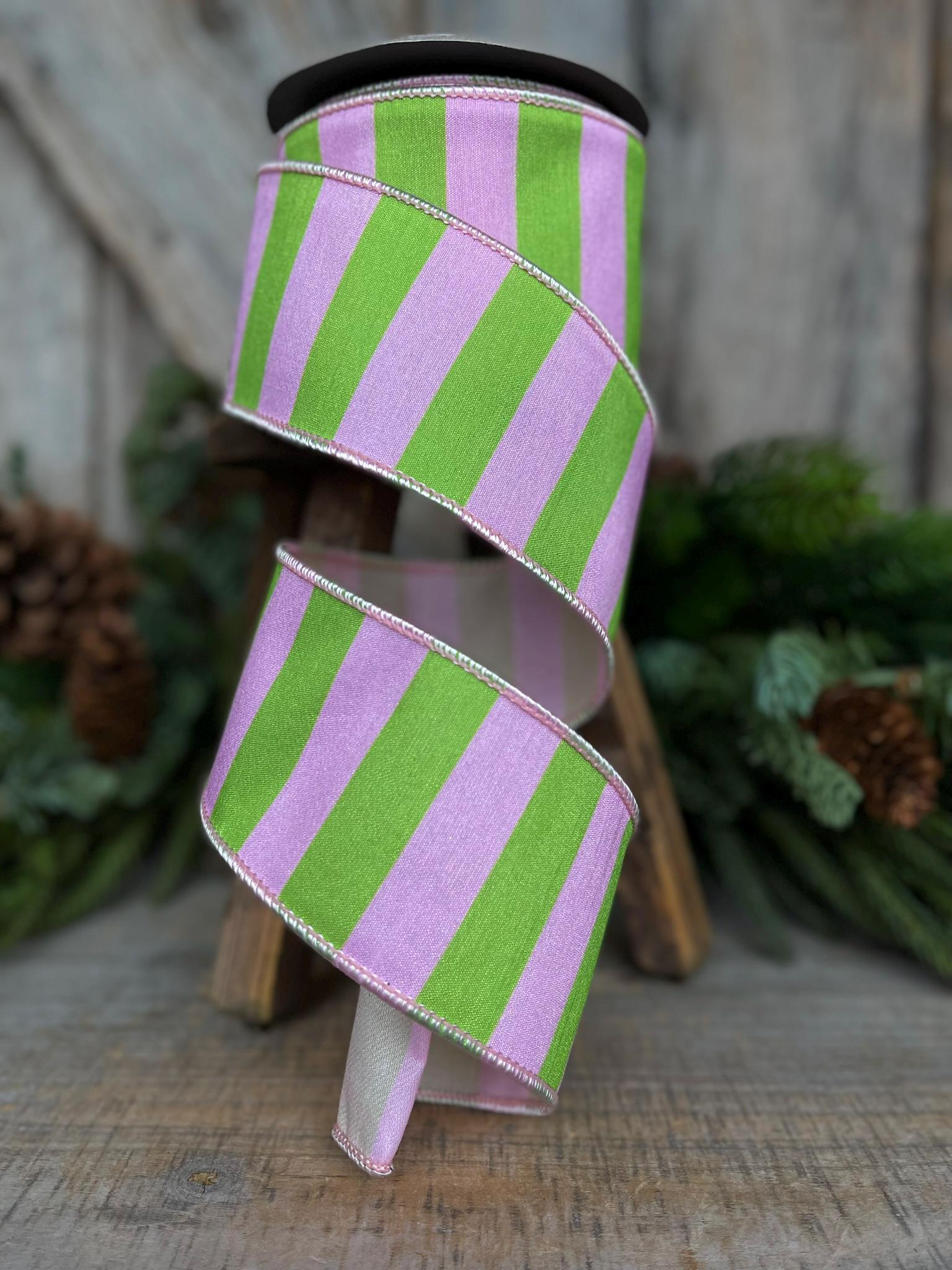 2.5" Pink Green Stripe Ribbon, Wired RIbbon, Pink Wired RIbbon, SPring Ribbon, 2 Tone Ribbon, Easter Ribbon, Designer Ribbon, 94544W-153-40F