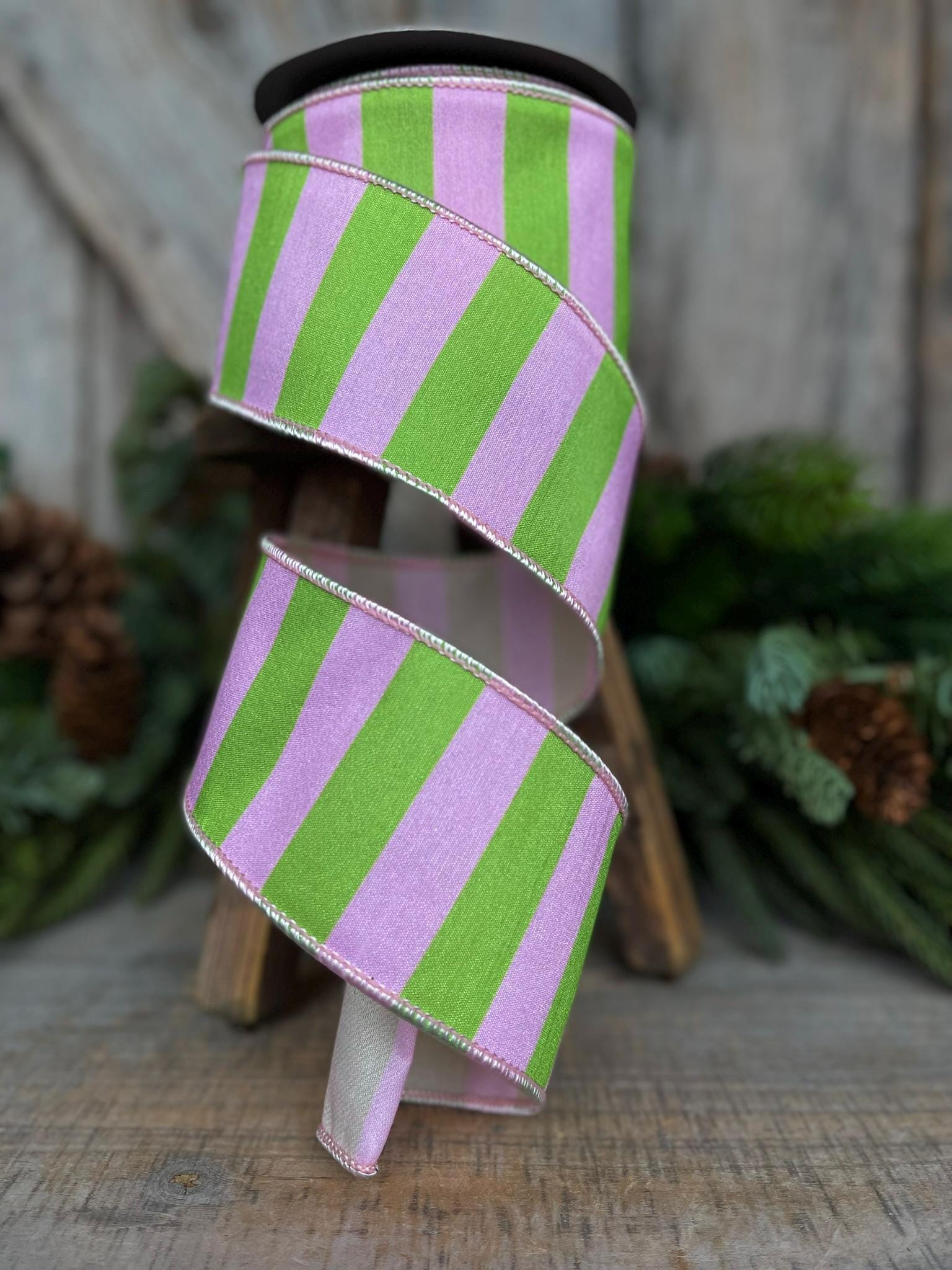 2.5" Pink Green Stripe Ribbon, Wired RIbbon, Pink Wired RIbbon, SPring Ribbon, 2 Tone Ribbon, Easter Ribbon, Designer Ribbon, 94544W-153-40F