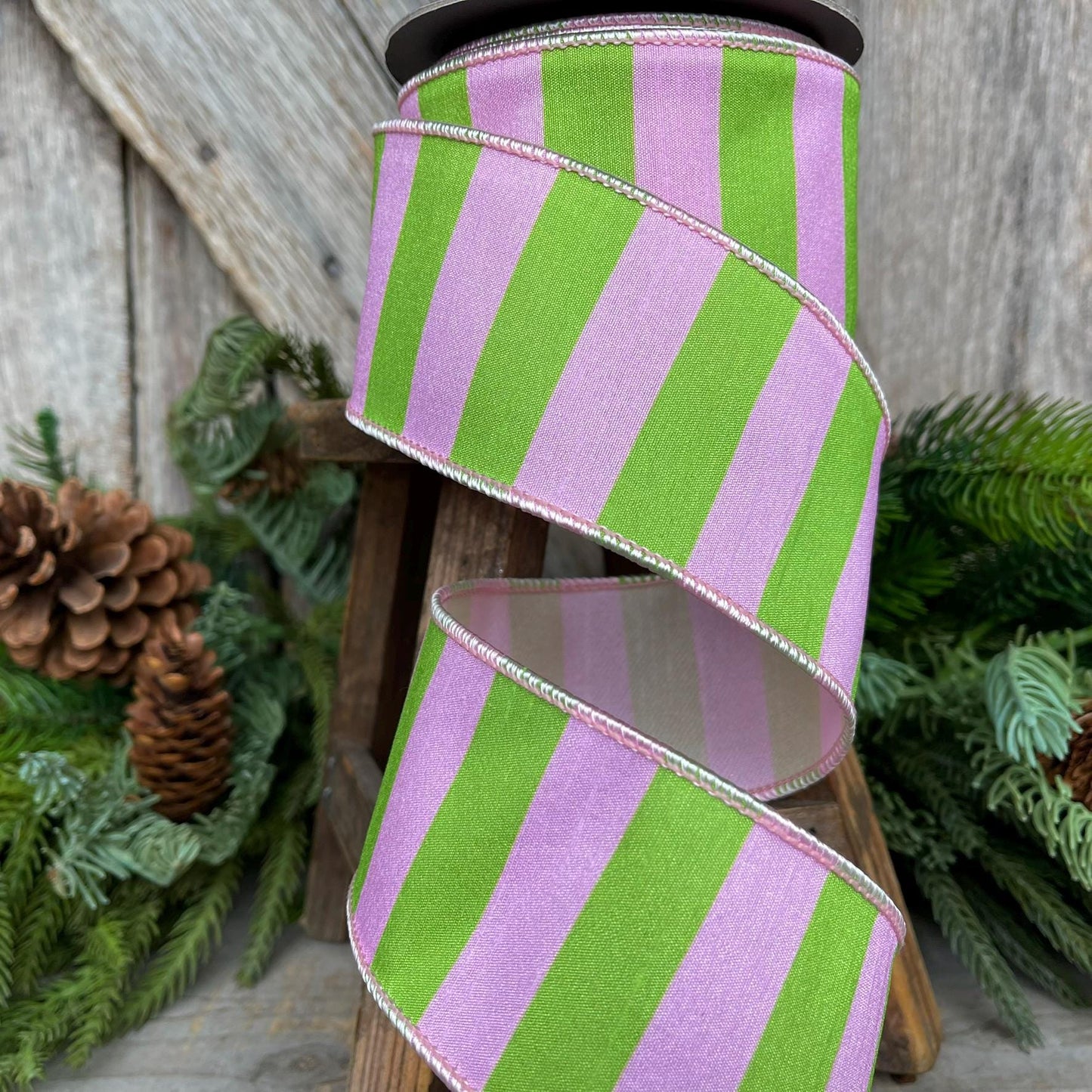 2.5" Pink Green Stripe Ribbon, Wired RIbbon, Pink Wired RIbbon
