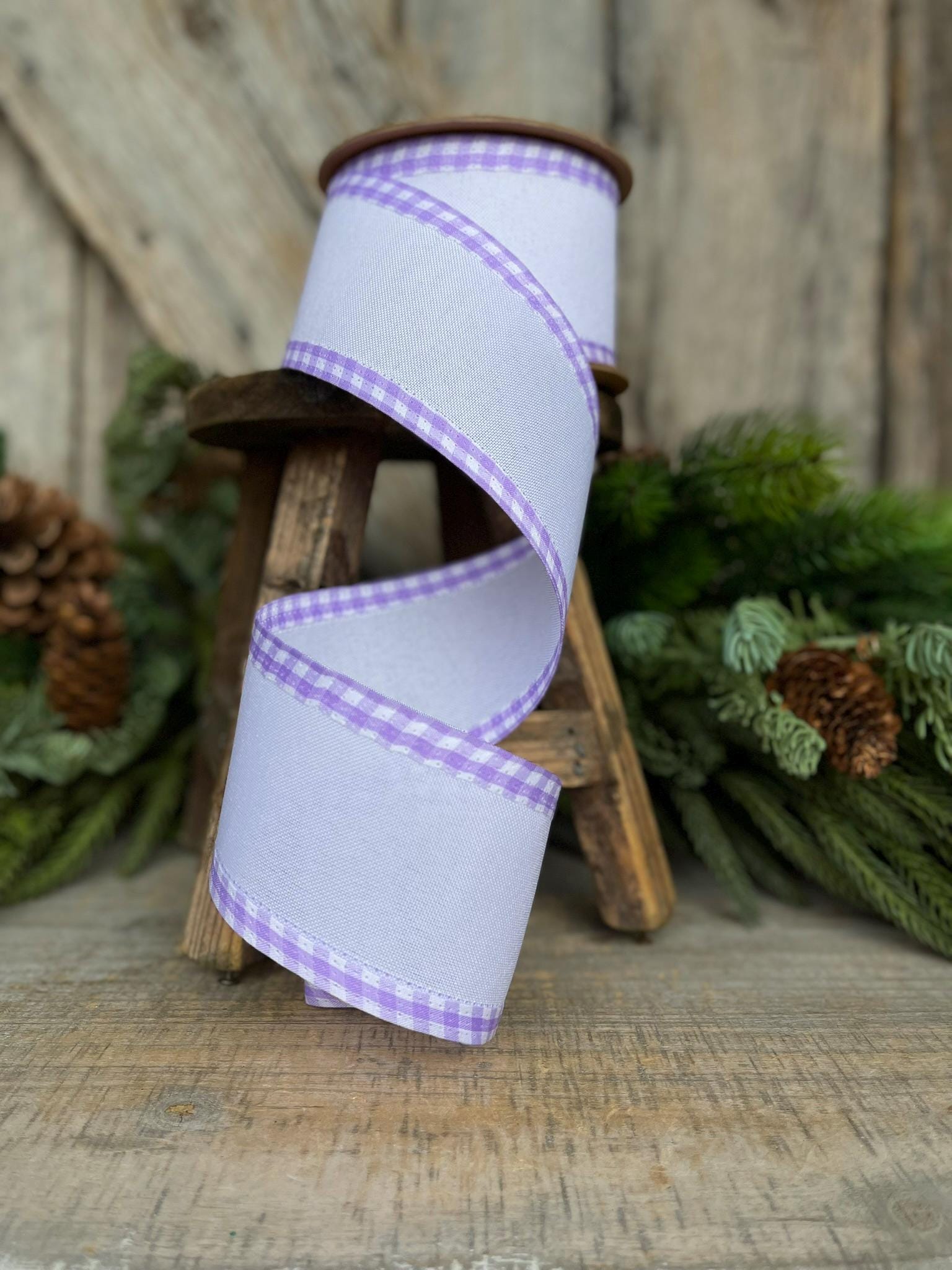 2.5" Purple Lavender Gingham RIbbon, Spring Ribbon, Easter Ribbon, Lavender White Ribbon, Gingham Edge Ribbon