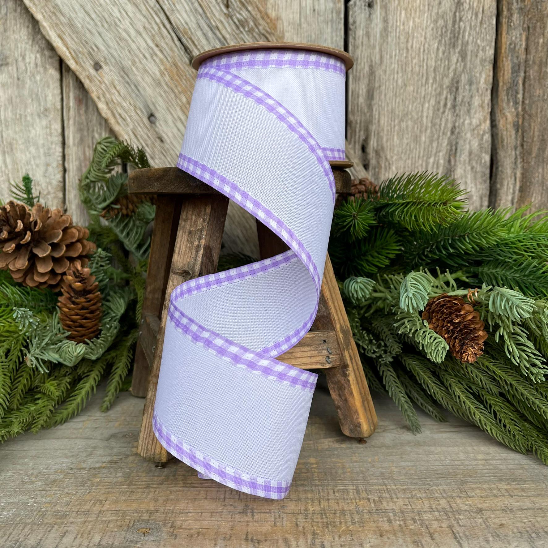 2.5" Purple Lavender Gingham RIbbon, Spring Ribbon, Easter Ribbon, Lavender White Ribbon, Gingham Edge Ribbon