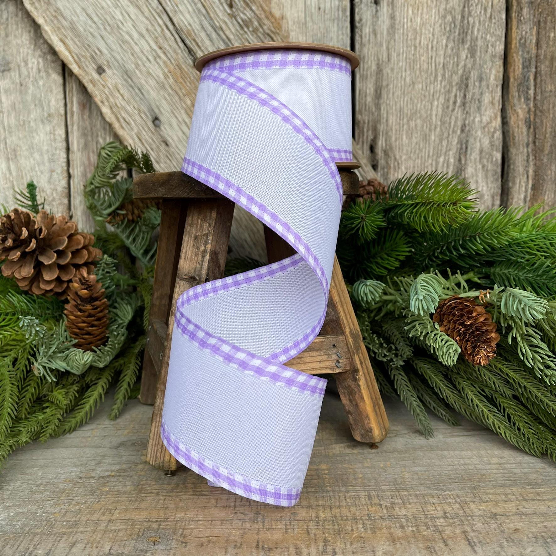 2.5" Purple Lavender Gingham RIbbon, Spring Ribbon, Easter Ribbon, Lavender White Ribbon, Gingham Edge Ribbon