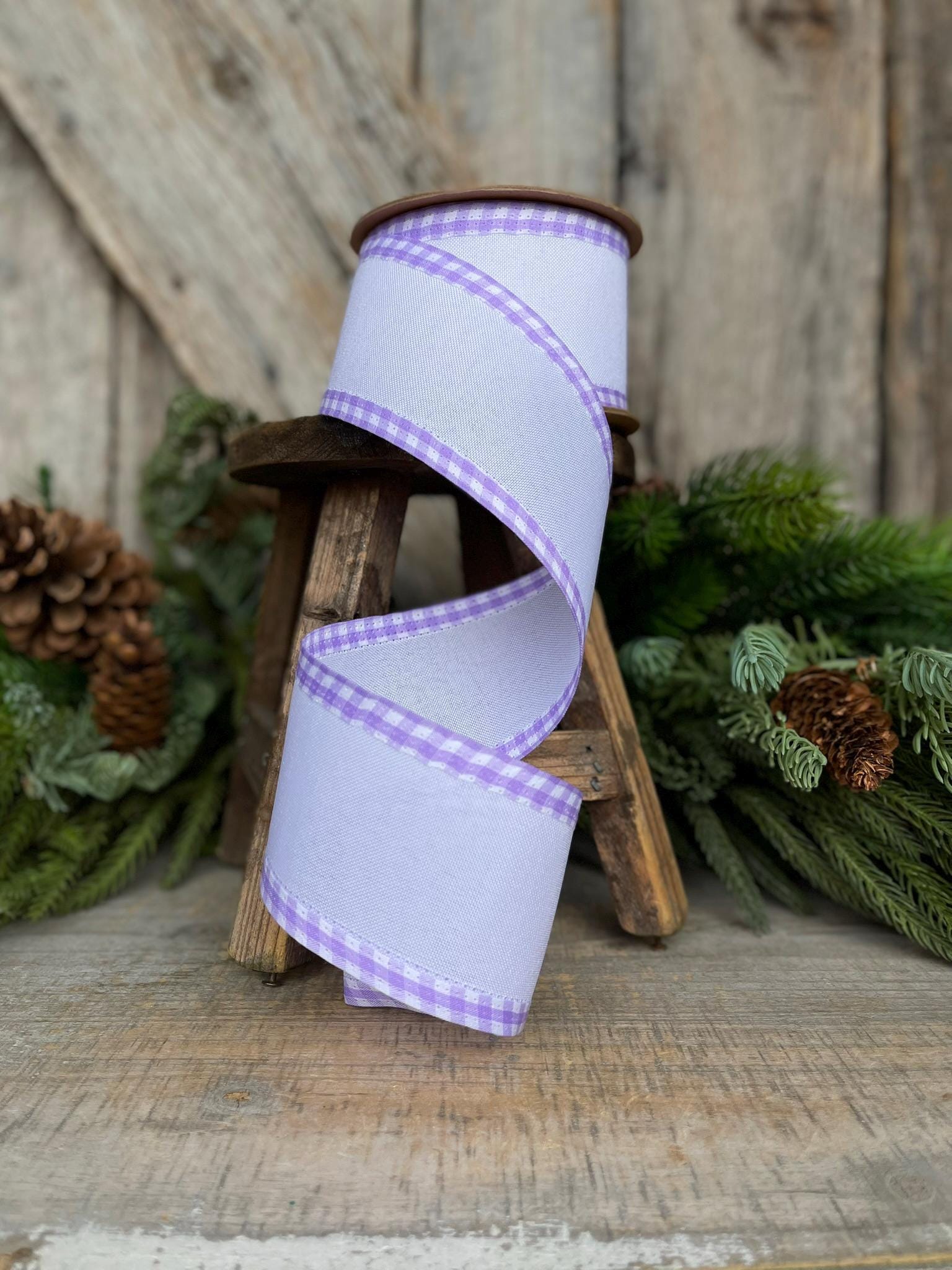 2.5" Purple Lavender Gingham RIbbon, Spring Ribbon, Easter Ribbon, Lavender White Ribbon, Gingham Edge Ribbon