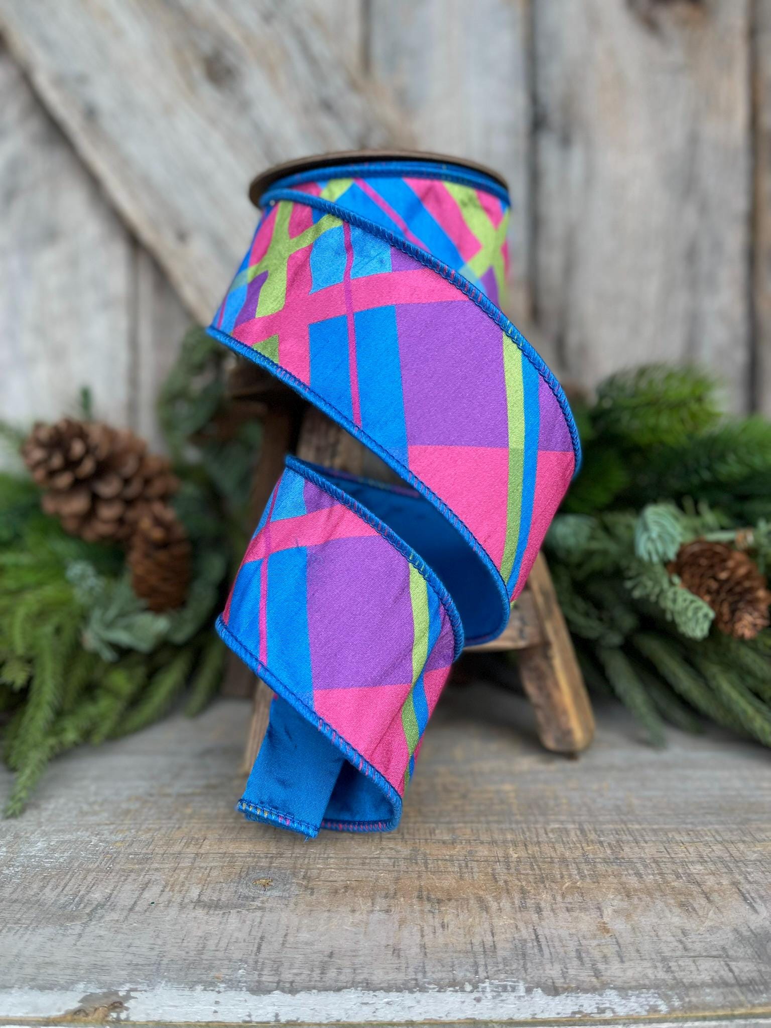 2.5 Blue Spring Plaid Ribbon, Bright Blue Plaid Ribbon, Spring Plaid Ribbon, Designer RIbbon, Fused Ribbon, Ribbon for Bows