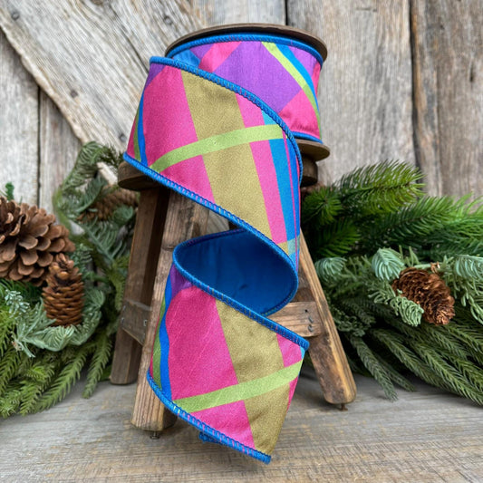 2.5 Blue Spring Plaid Ribbon, Bright Blue Plaid Ribbon, Spring Plaid Ribbon, Designer RIbbon, Fused Ribbon, Ribbon for Bows