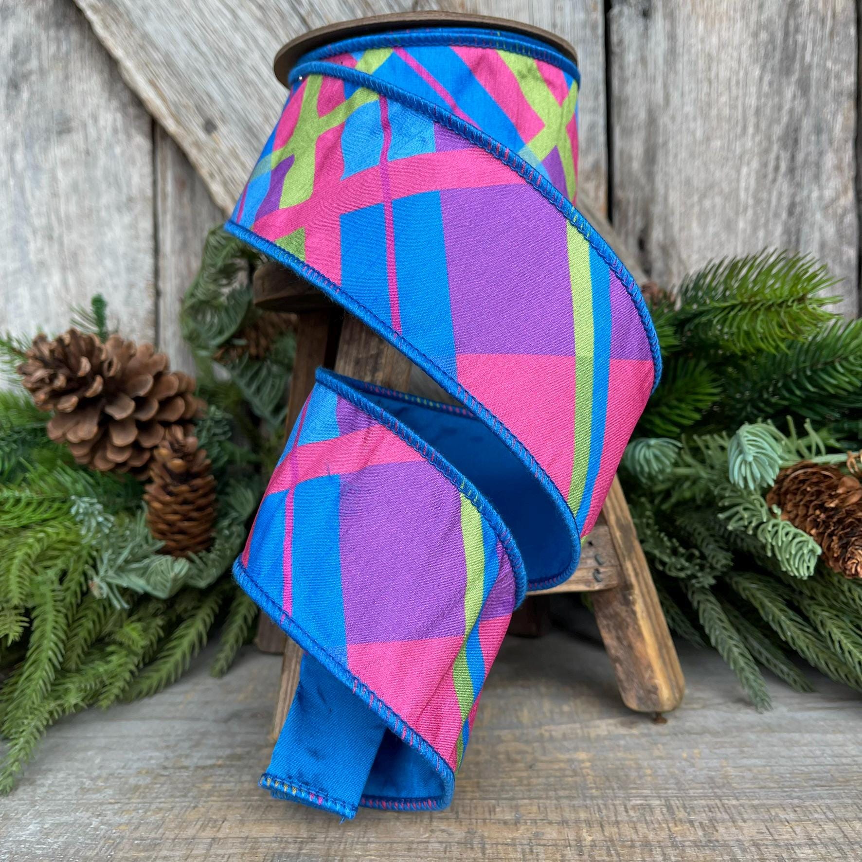 2.5 Blue Spring Plaid Ribbon, Bright Blue Plaid Ribbon, Spring Plaid Ribbon, Designer RIbbon, Fused Ribbon, Ribbon for Bows