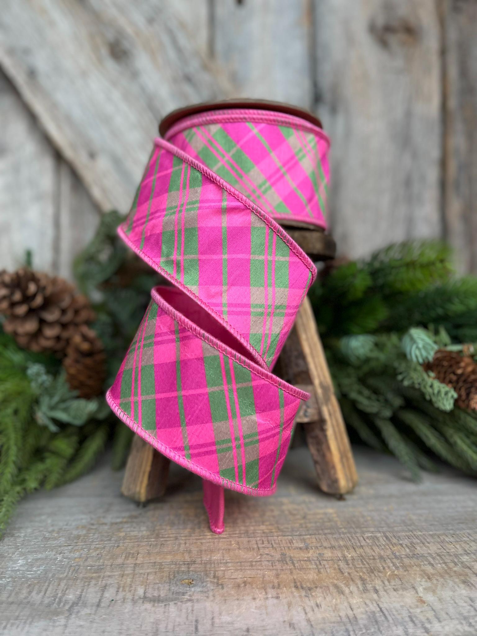 2.5" Pink and Green Bias Plaid RIbbon, Spring Ribbon, Bubblegum Pink Plaid Ribbon, Easter Ribbon, Hot Pink Ribbon