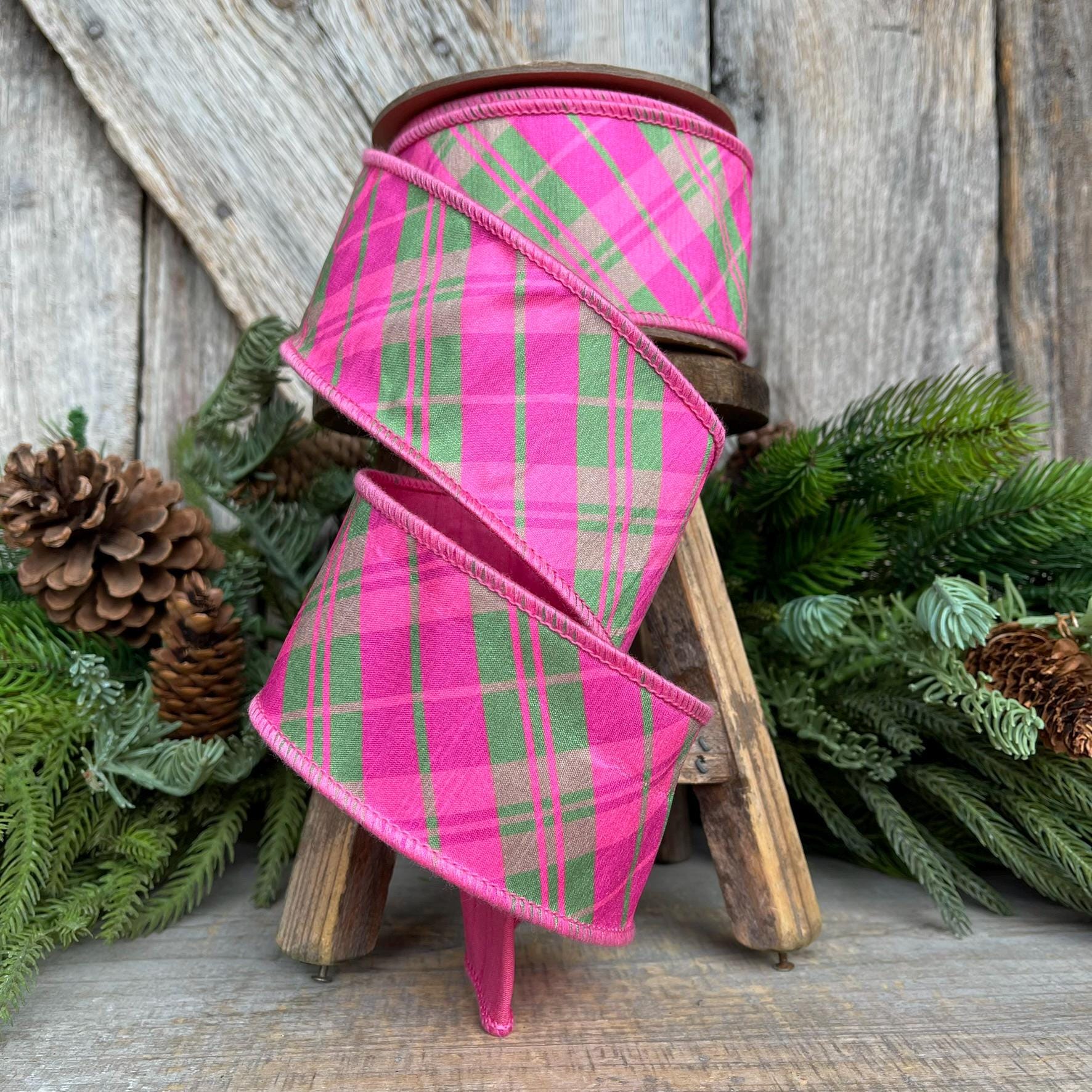 2.5" Pink and Green Bias Plaid RIbbon, Spring Ribbon, Bubblegum Pink Plaid Ribbon, Easter Ribbon, Hot Pink Ribbon