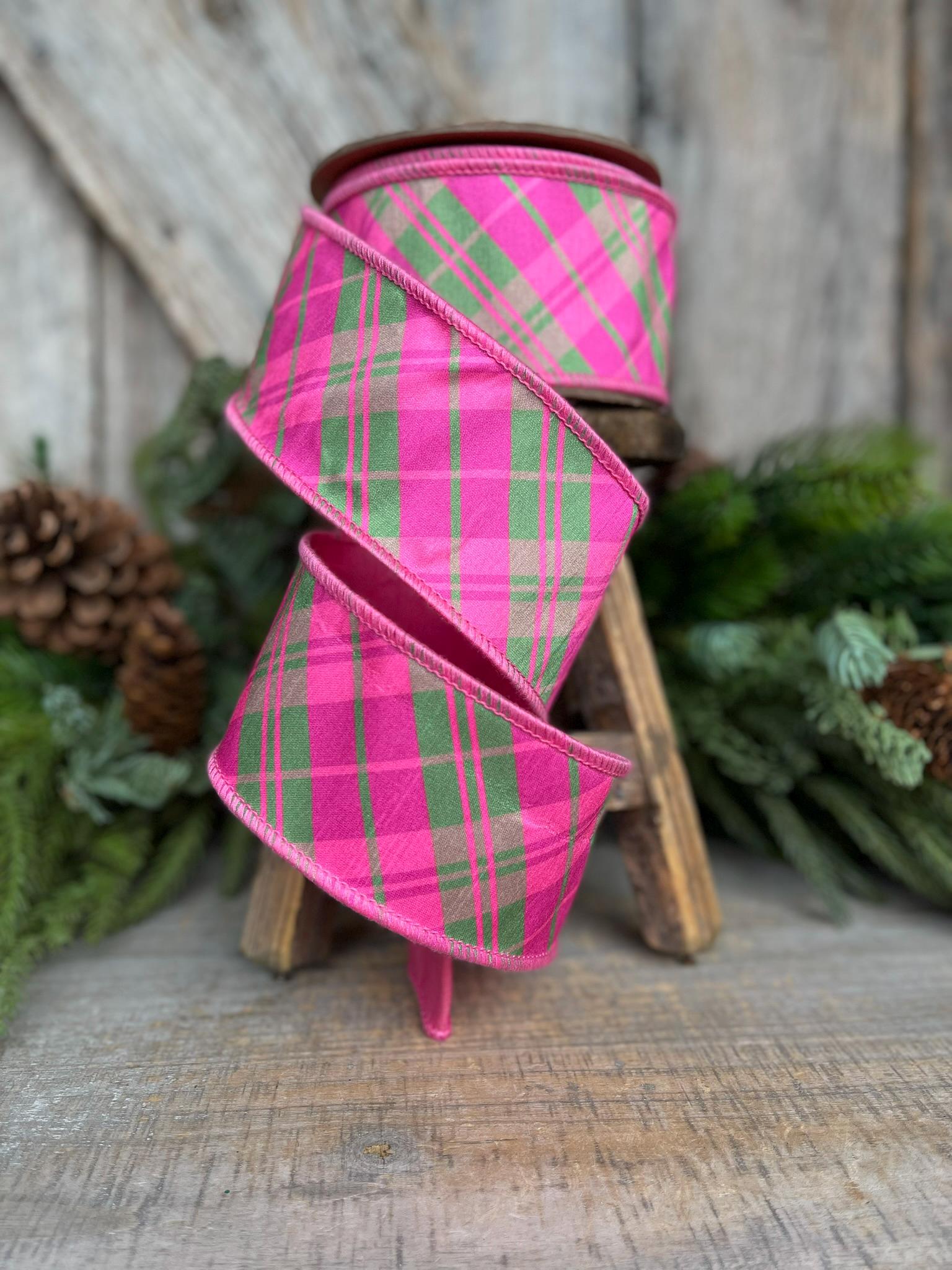 2.5" Pink and Green Bias Plaid RIbbon, Spring Ribbon, Bubblegum Pink Plaid Ribbon, Easter Ribbon, Hot Pink Ribbon