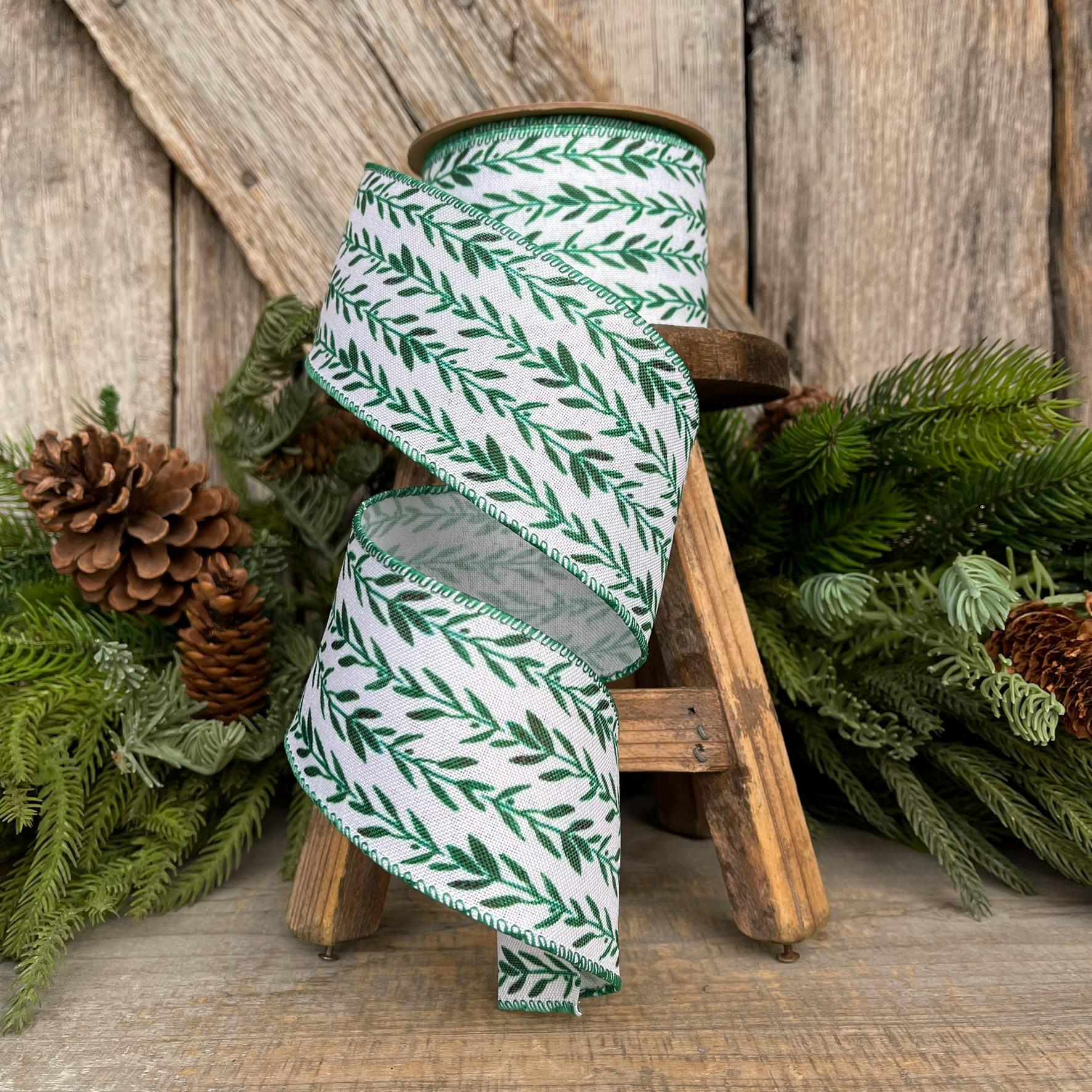 2.5" Green Leaf Ribbon, Wired Ribbon, Spring Ribbon, Wedding Ribbon, Everyday Ribbon, Olive LEaf Ribbon, Green White Ribbon
