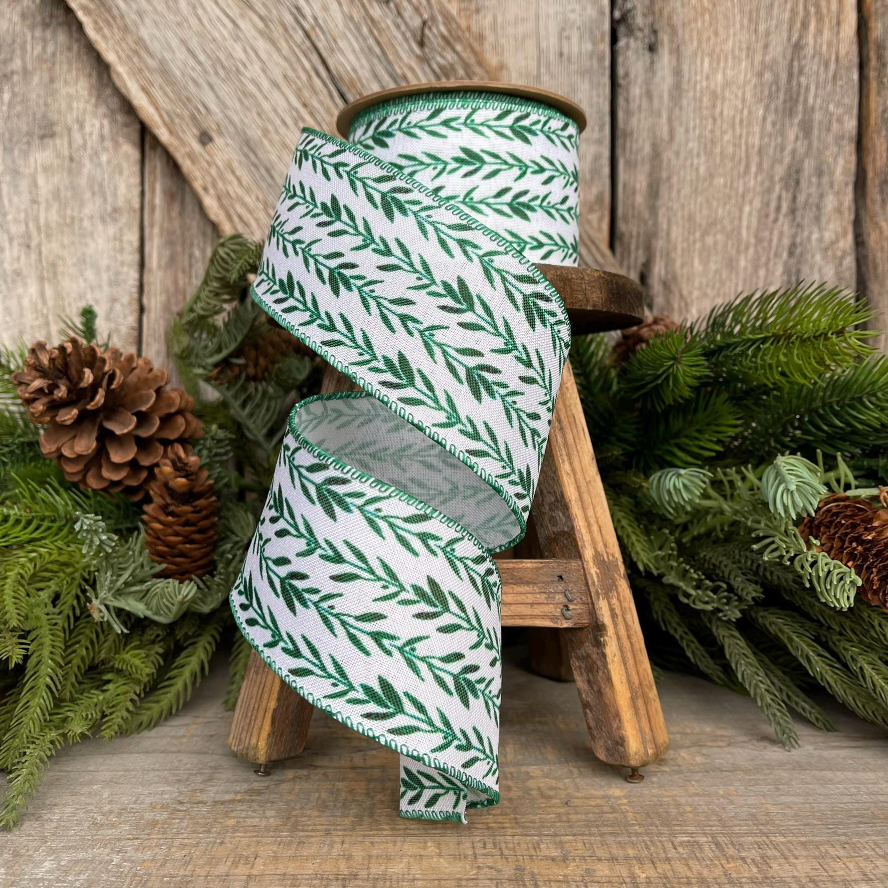 2.5" Green Leaf Ribbon, Wired Ribbon, Spring Ribbon, Wedding Ribbon, Everyday Ribbon, Olive LEaf Ribbon, Green White Ribbon