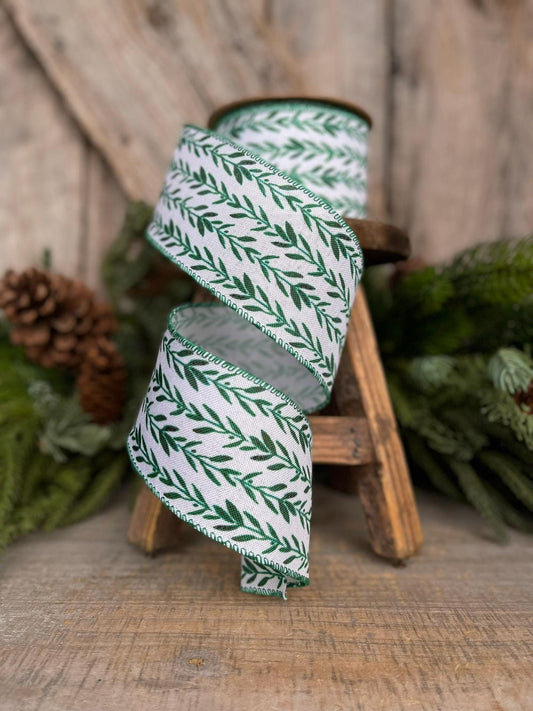 2.5" Green Leaf Ribbon, Wired Ribbon, Spring Ribbon, Wedding Ribbon, Everyday Ribbon, Olive LEaf Ribbon, Green White Ribbon
