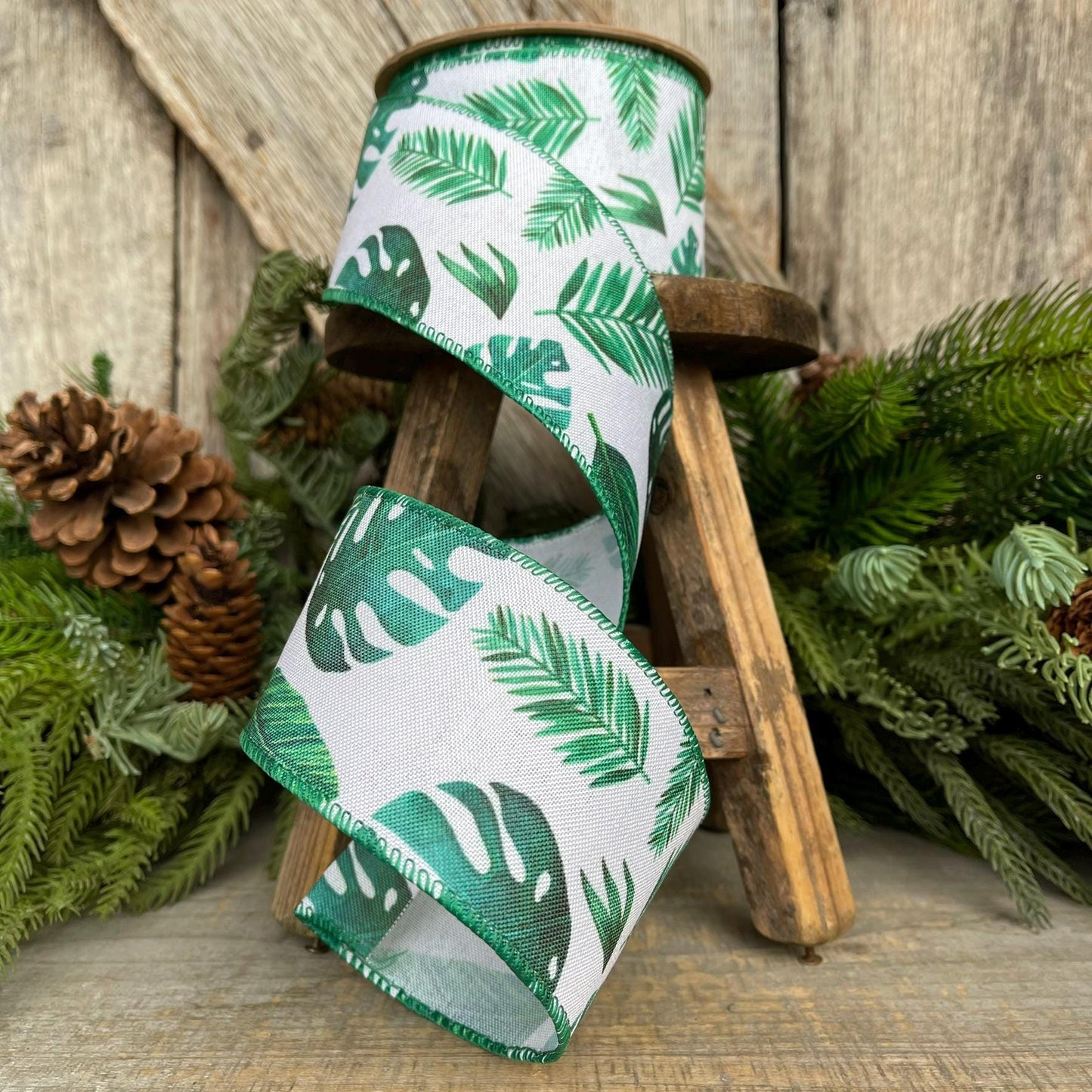 2.5" Monstera Palm LEaf Ribbon, Wired Ribbon, Spring Ribbon, Wedding Ribbon, Everyday Ribbon, Tropical Ribbon, Green White Ribbon