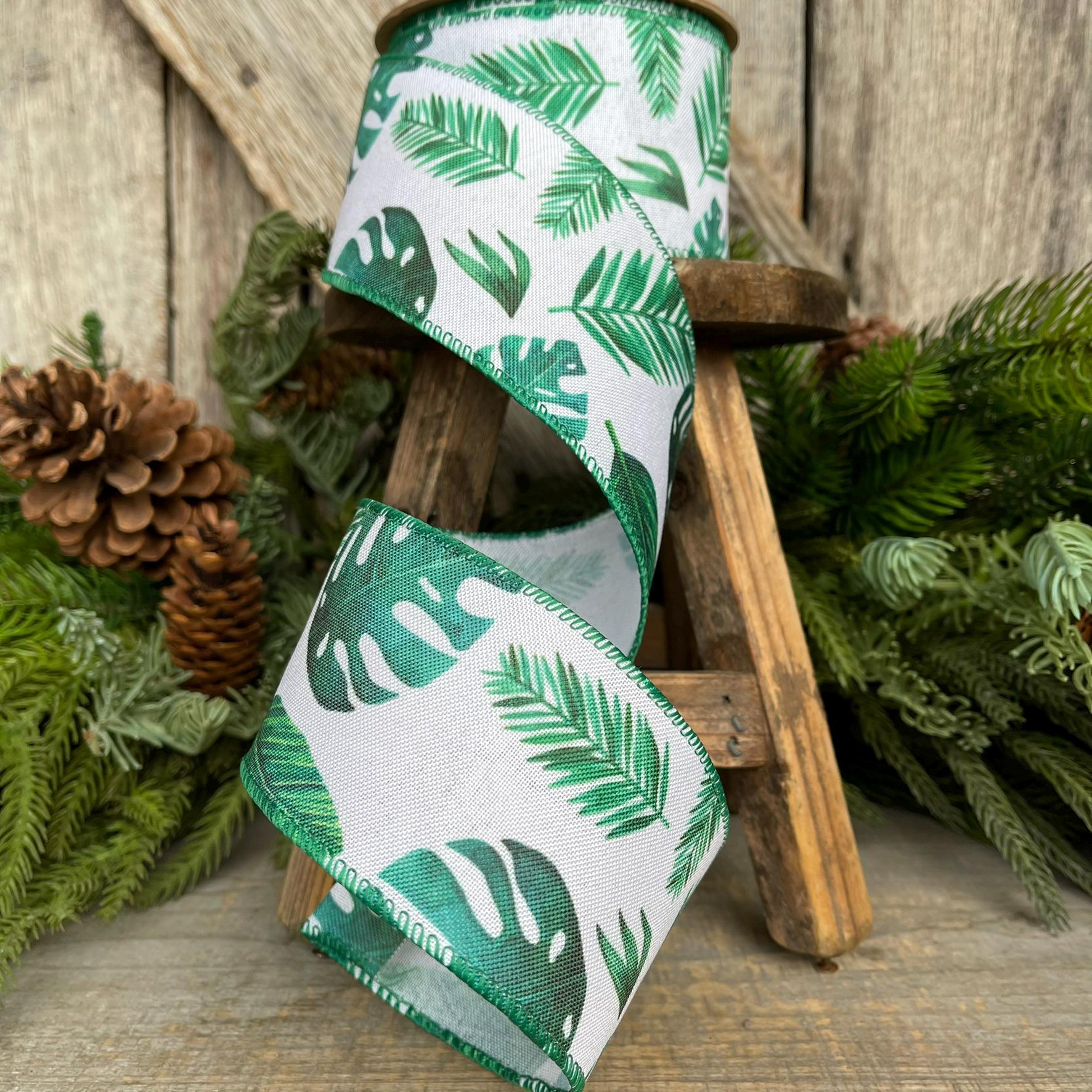 2.5" Monstera Palm LEaf Ribbon, Wired Ribbon, Spring Ribbon, Wedding Ribbon, Everyday Ribbon, Tropical Ribbon, Green White Ribbon