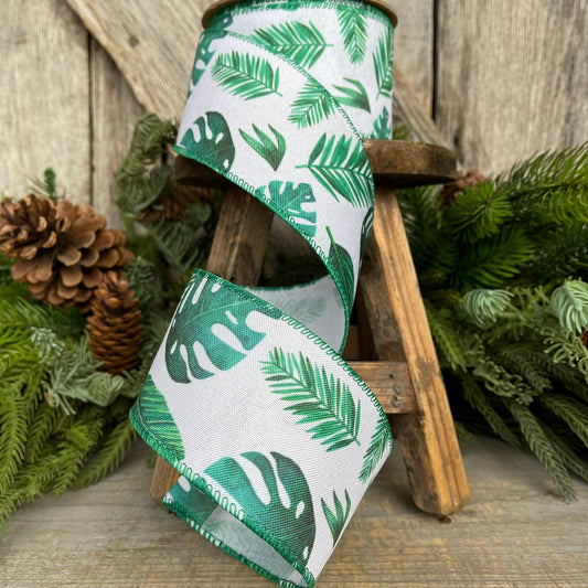 2.5" Monstera Palm LEaf Ribbon, Wired Ribbon, Spring Ribbon, Wedding Ribbon, Everyday Ribbon, Tropical Ribbon, Green White Ribbon