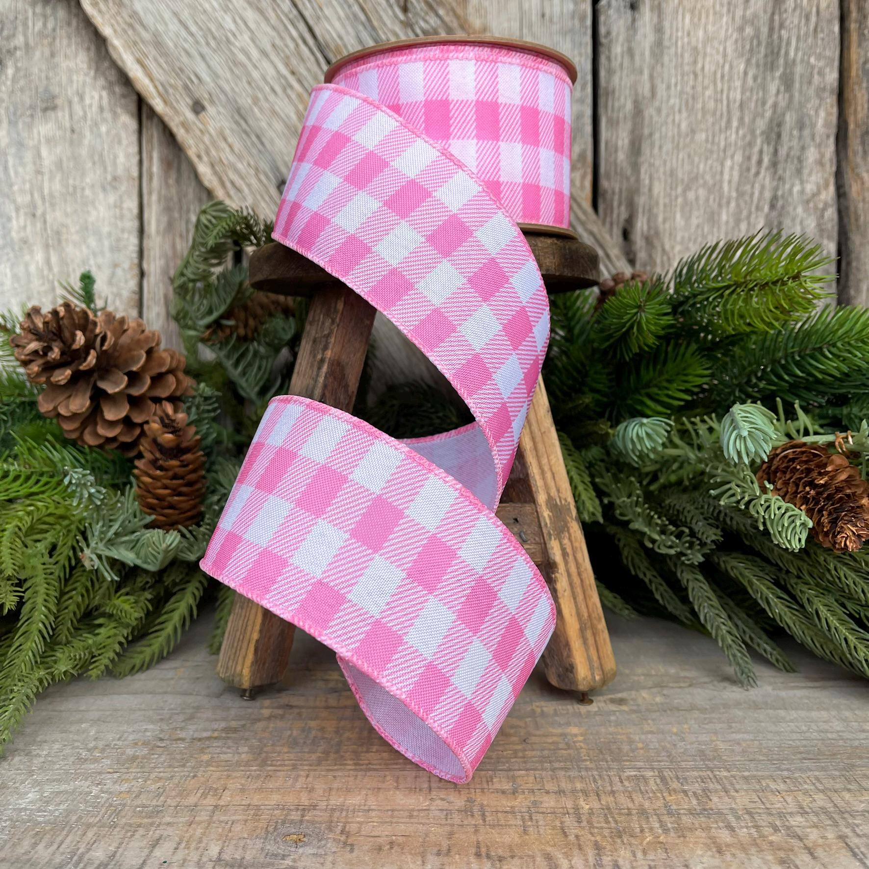 2.5" Pink Checks Ribbon, Easter Ribbon, Spring Ribbon, Pink Plaid Ribbon, Wired RIbbon, Light Pink Ribbon, Pink White Ribbon