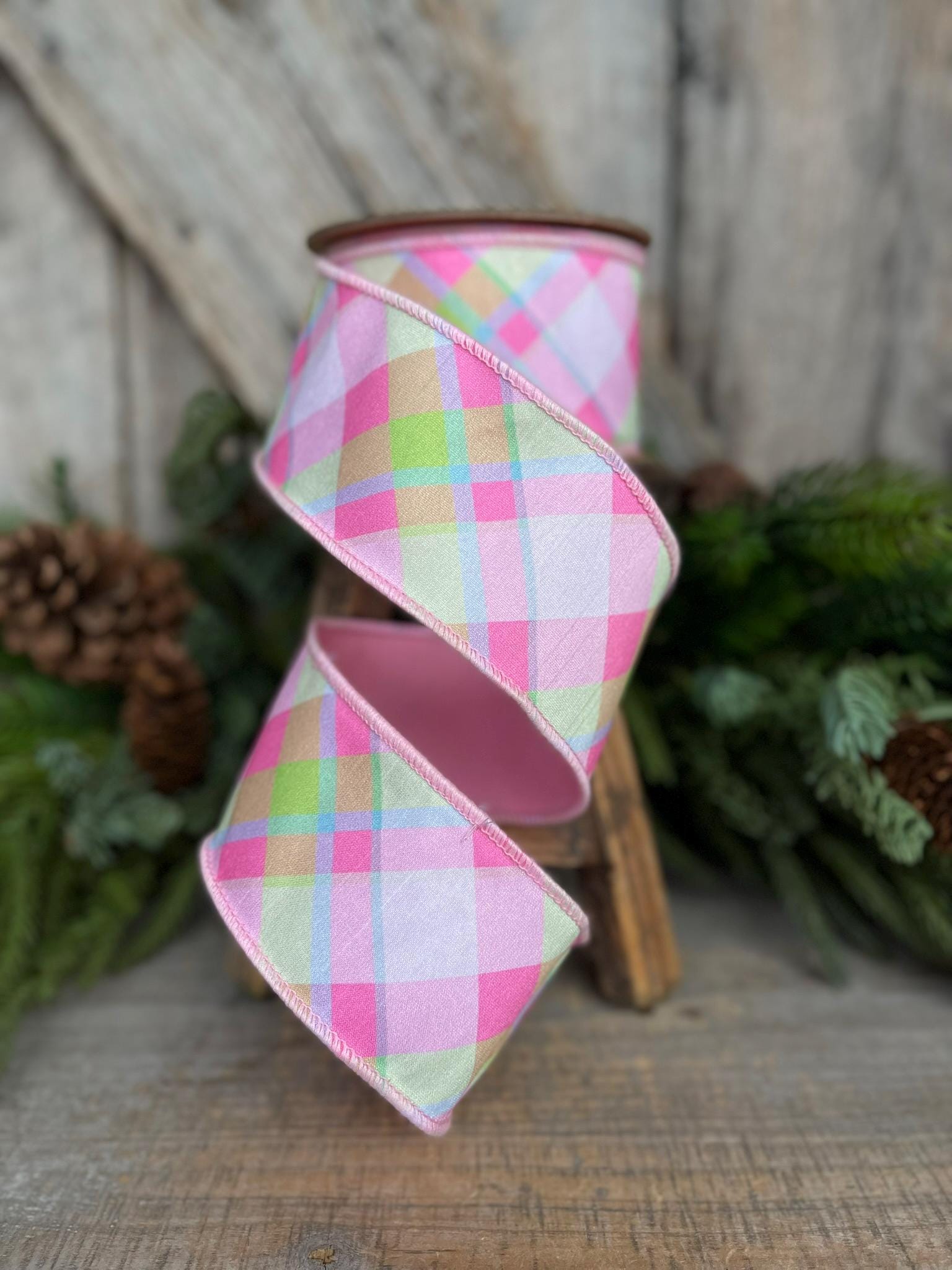2.5" Pastel Pink Diagonal Plaid, Designer Ribbon, Pink Plaid Ribbon, Spring RIbbon, Craft supply, Ribbon for Bows, Fused RIbbon