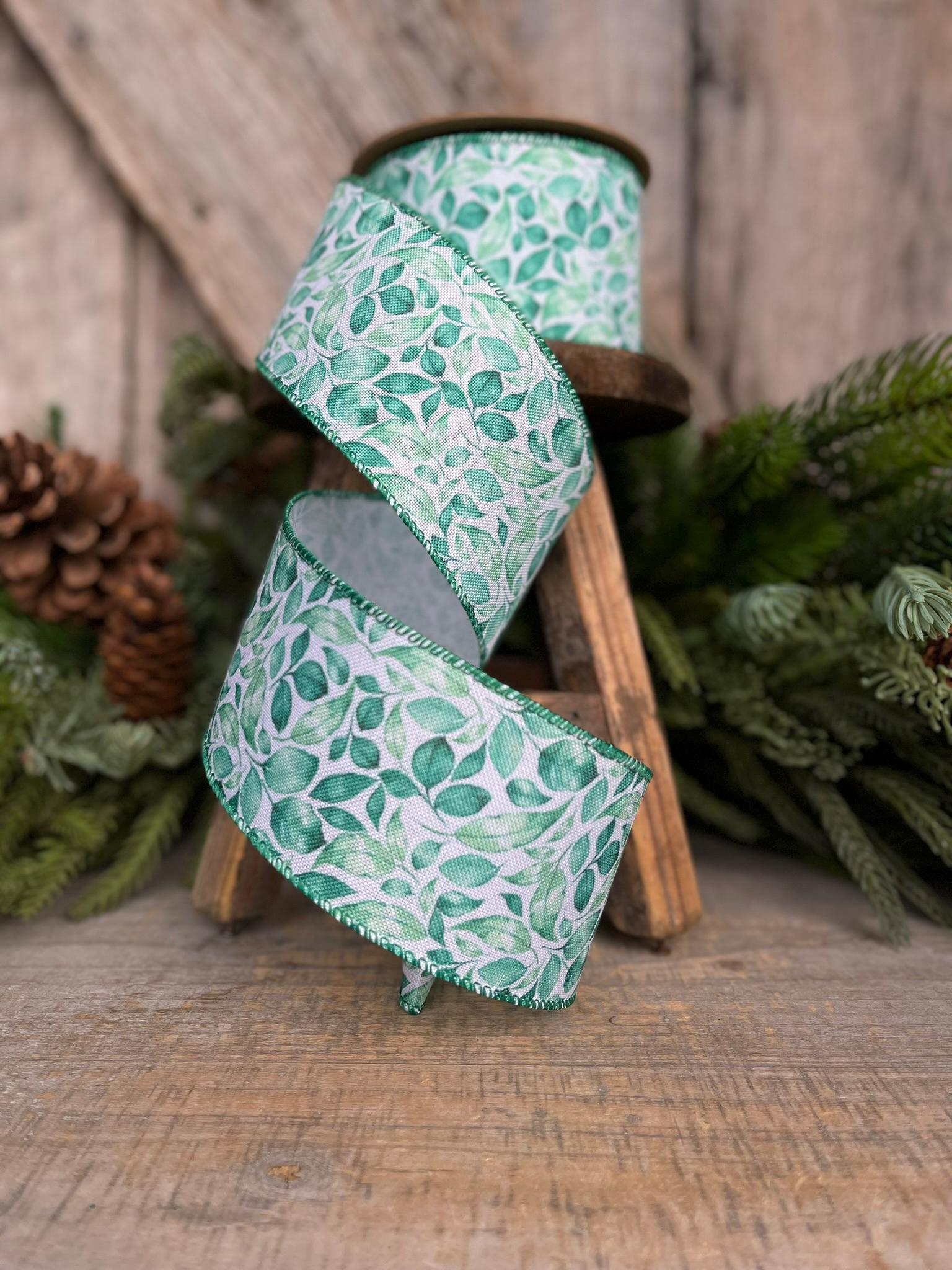 2.5" Green Leaf Ribbon, Wired Ribbon, Spring Ribbon, Wedding Ribbon, Everyday Ribbon, Gren LEaf Ribbon, Green White Ribbon