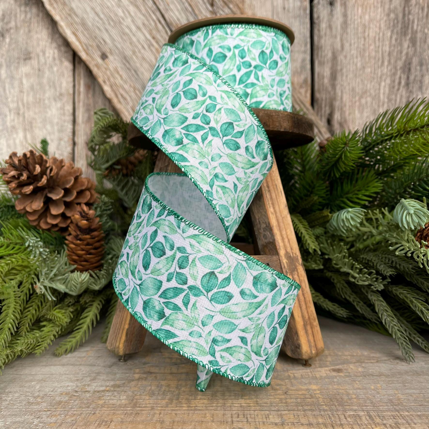 2.5" Green Leaf Ribbon, Wired Ribbon, Spring Ribbon, Wedding Ribbon, Everyday Ribbon, Gren LEaf Ribbon, Green White Ribbon