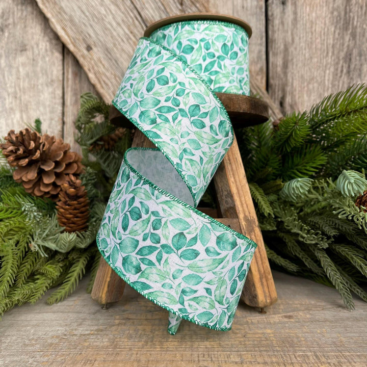 2.5" Green Leaf Ribbon, Wired Ribbon