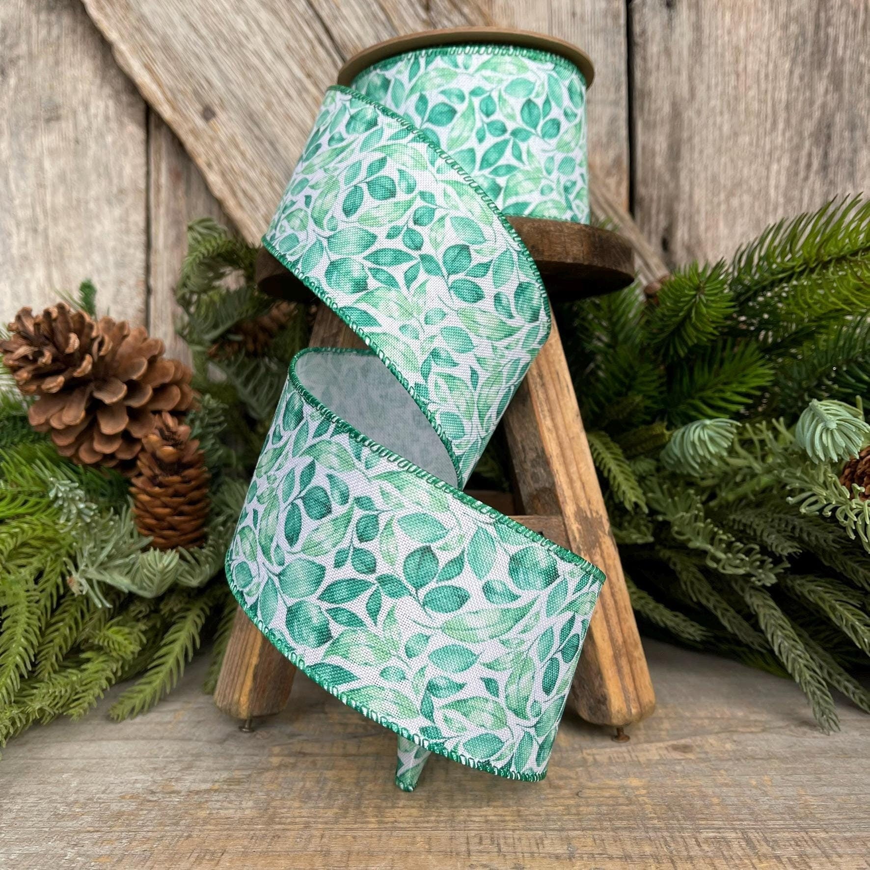 2.5" Green Leaf Ribbon, Wired Ribbon, Spring Ribbon, Wedding Ribbon, Everyday Ribbon, Gren LEaf Ribbon, Green White Ribbon